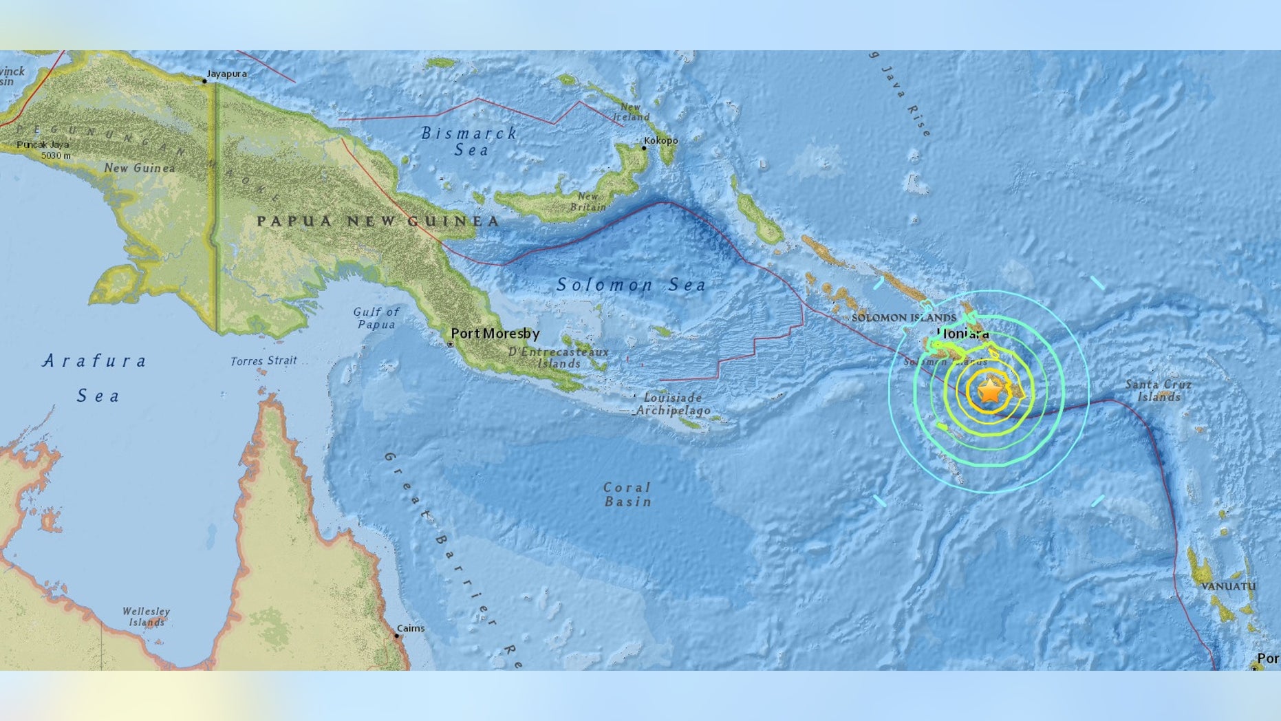 The epicenter of the earthquake, with greater intensity felt near the map's inner rings.