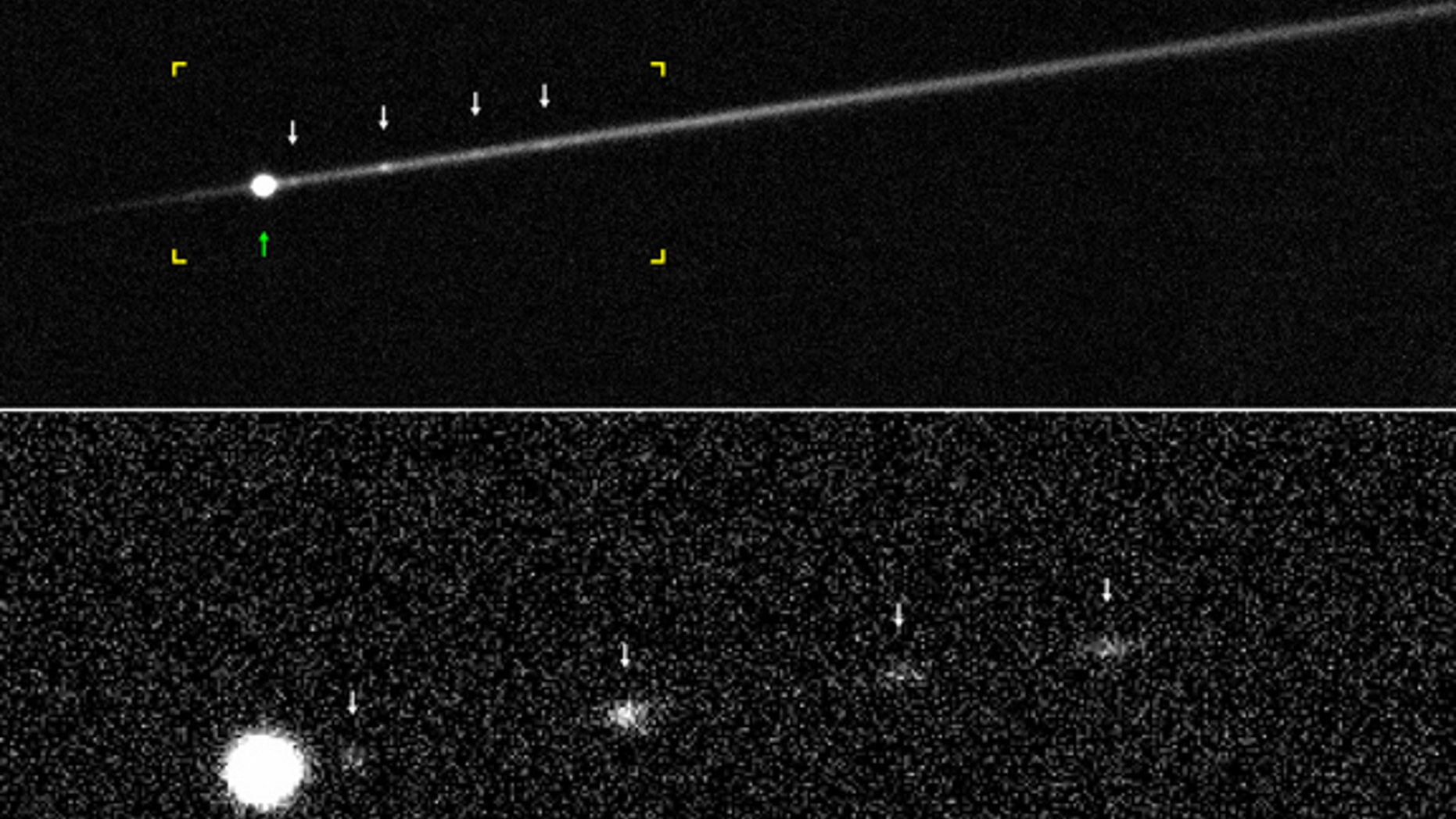 This image shows "active asteroid" P/2012 F5 in 2014. The lower image shows the fragments without the dust trail, for better visibility.
