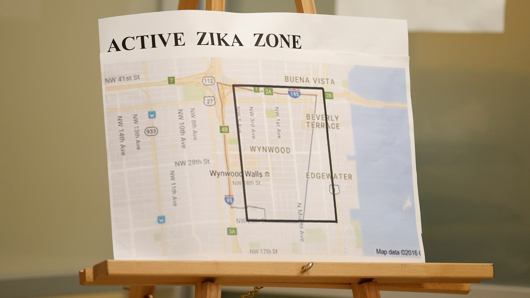 Aug. 9, 2016: A map showing the active Zika zone is on display at the Borinquen Health Care Center in Miami, Florida.