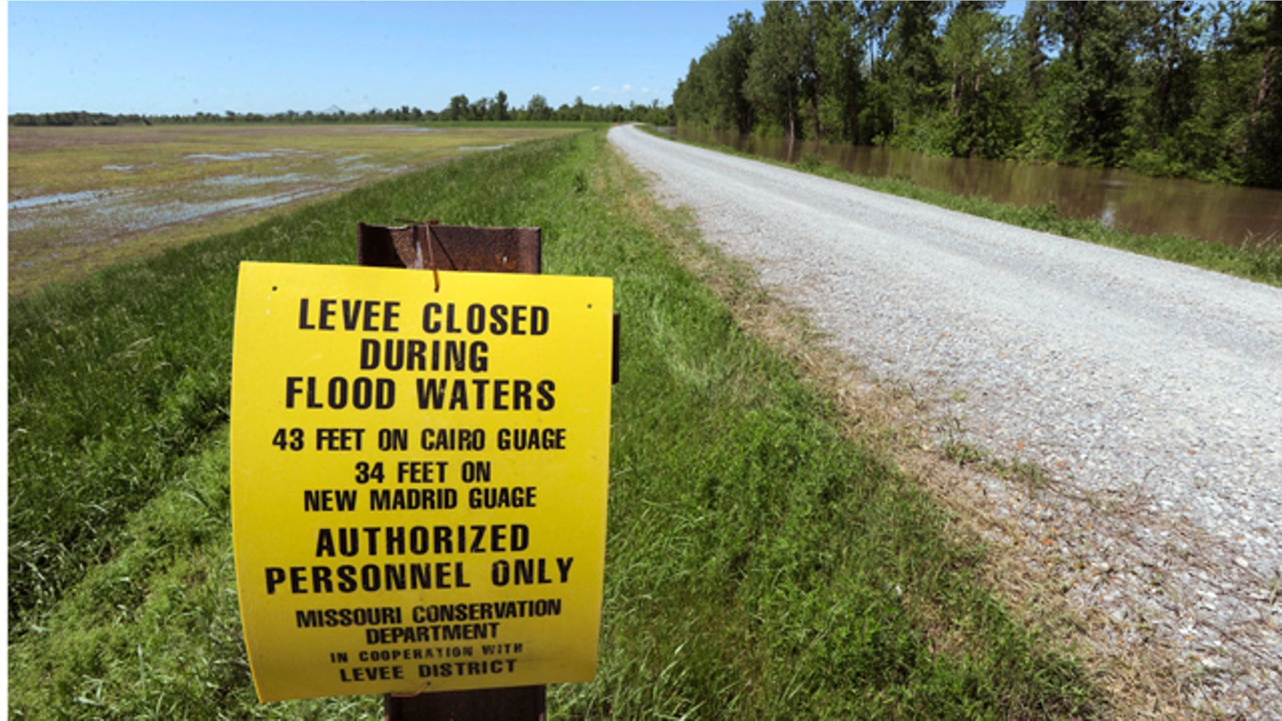 April 29: The Birds Point levee is seen with the New Madrid Floodway, at left, and the Mississippi River floodwaters, at right in Birds Point, Mo.