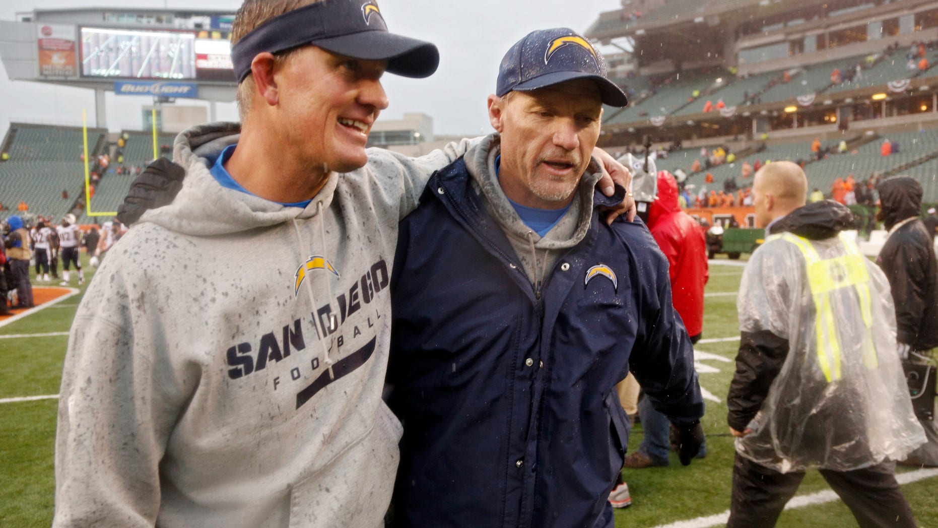 San Diego Chargers head coach Mike McCoy, left, walks off the field with offensive coordinator Ken Whisenhunt after a 27-10 win over the Cincinnati Bengals in an NFL wild-card playoff football game on Sunday, Jan. 5, 2014, in Cincinnati. (AP Photo/David Kohl)