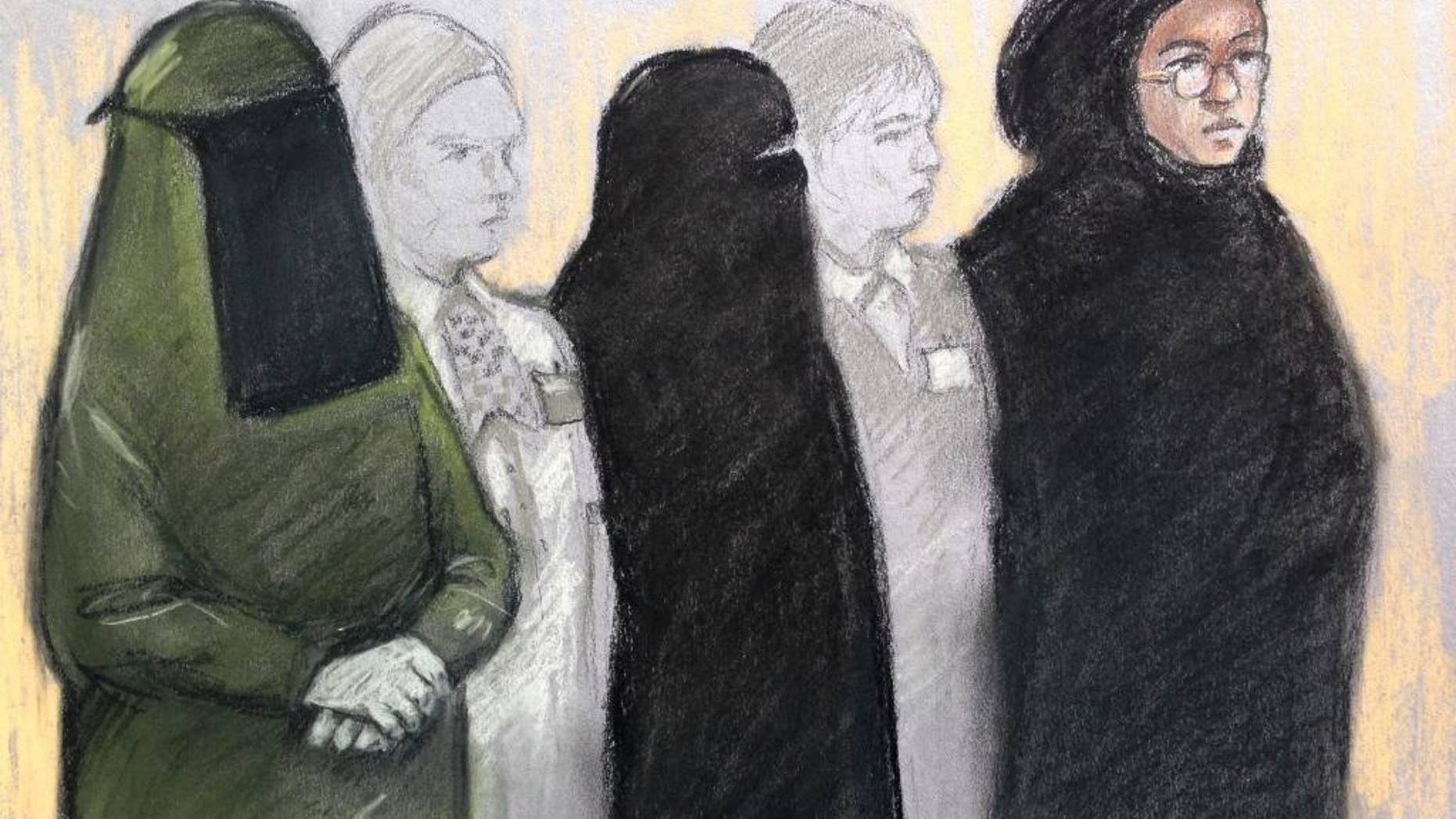 Court artist sketch by Elizabeth Cook of three women, Mina Dich, 43, left, Rizlaine Boular, 21, centre, and Khawla Barghouthi, 20, right, appearing at Westminster Magistrates Court in London charged with preparing a terrorist act and conspiracy to murder, Thursday May 11, 2017. Boular, of central London, was shot by police during a raid by elite armed offices at a terraced house in Harlesden Road, north London, on April 27. (Elizabeth Cook/PA via AP)