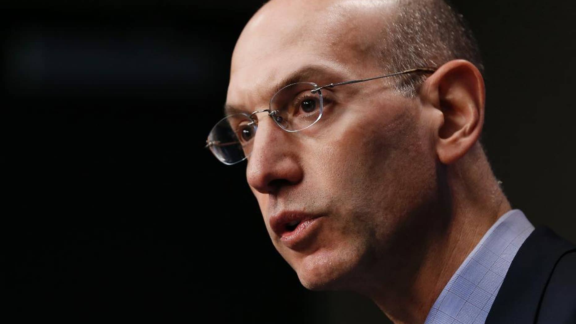 NBA Commissioner Adam Silver answers questions during a news conference before Game 4 of an opening-round NBA basketball playoff series between the Memphis Grizzlies and the Oklahoma City Thunder on Saturday, April 26, 2014, in Memphis, Tenn. (AP Photo/Mark Humphrey)