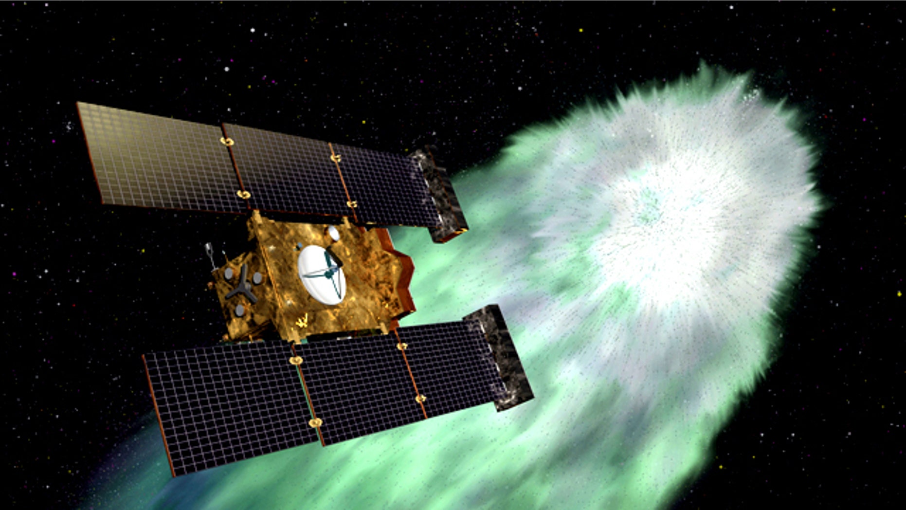An artist envisions the approach of NASA's Stardust-NExT spacecraft at Comet Tempel 1 -- an encounter that took place on Valentine's Day (Feb. 14) in 2011.
