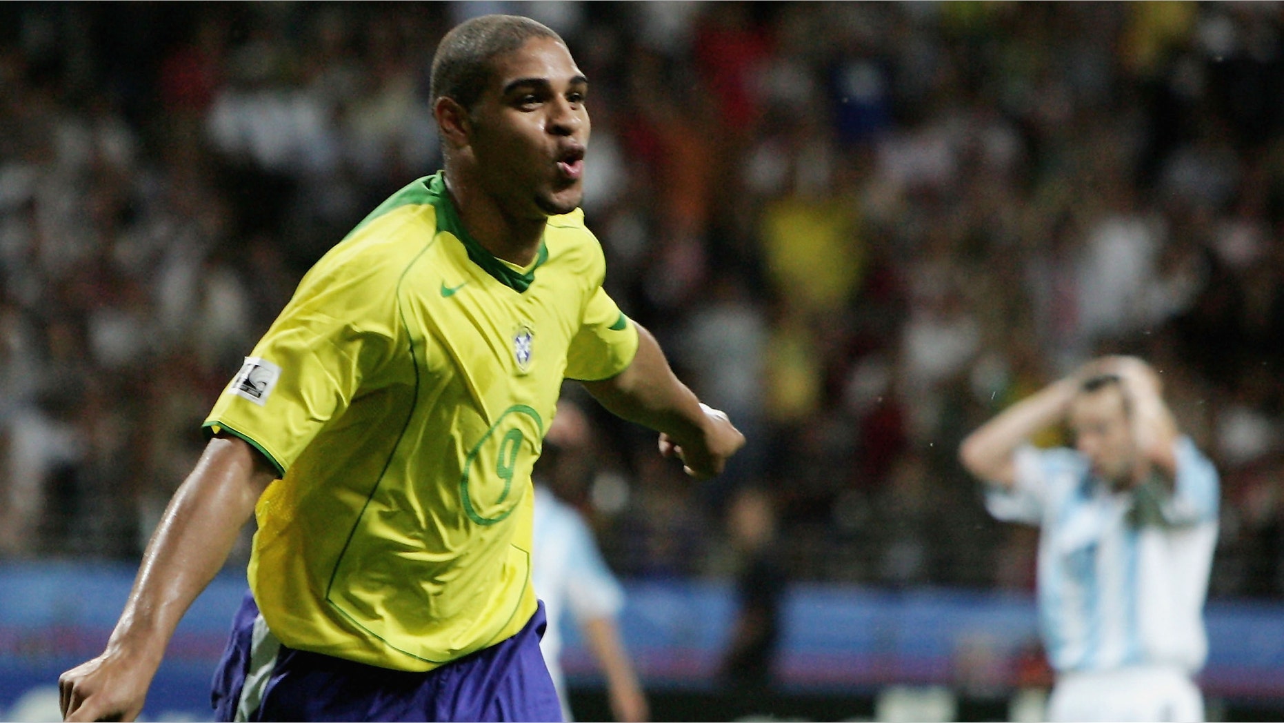 Adriano of Brazil celebrates scoring his team's fourth goal during the FIFA 2005 Confederations Cup Final between Brazil and Argentina at the Waldstadion on June 29, 2005, in Frankfurt, Germany. (Photo by Ben Radford/Getty Images)