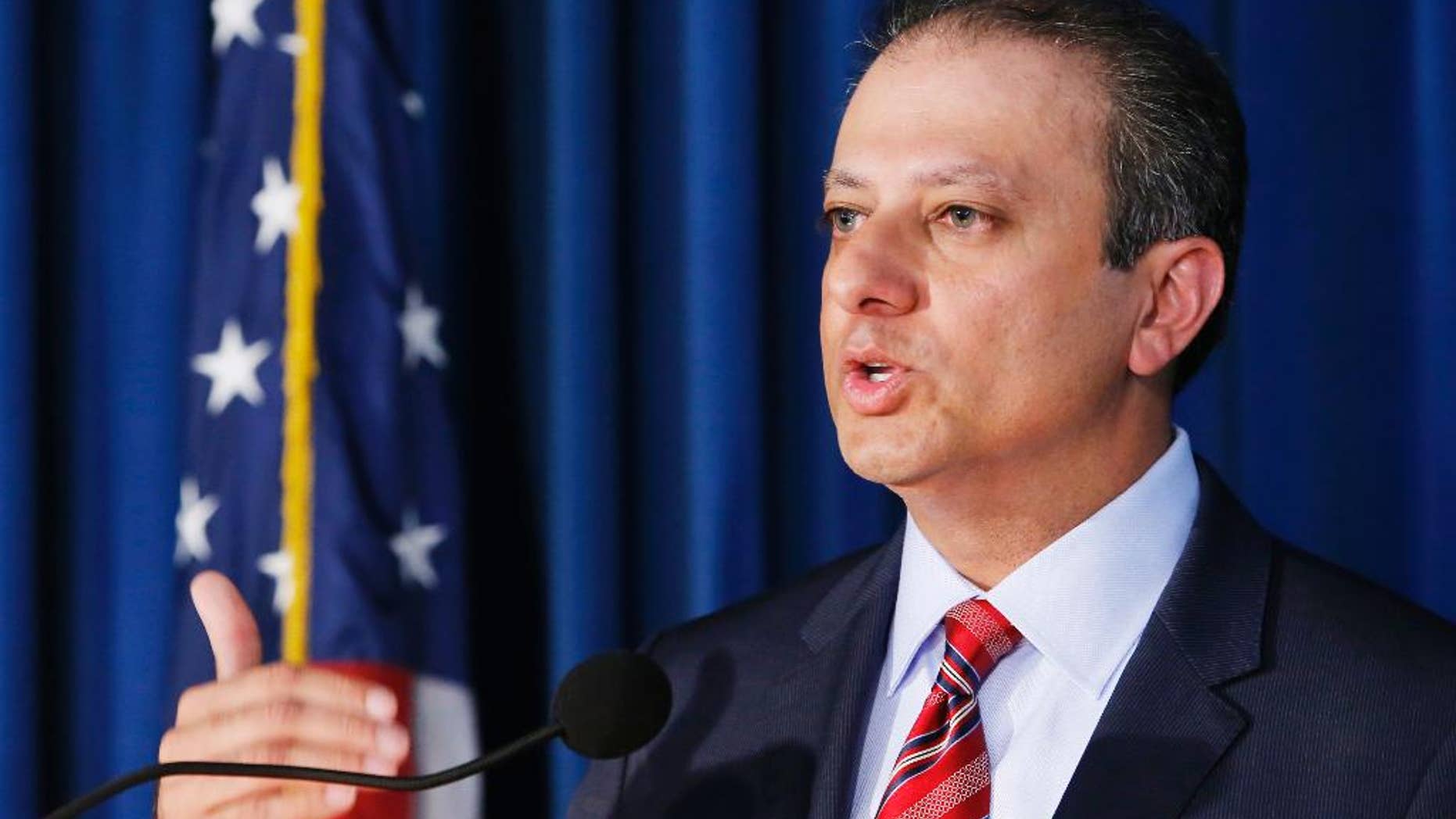 FILE - In this Sept. 15, 2015 file photo, U.S. Attorney Preet Bharara speaks during a news conference in New York. Bharara’s Twitter following soared after he tweeted Tuesday, March 22, 2016, about the arrest of Reza Zarrab, a controversial Iranian-Turkish businessman. (AP Photo/Kathy Willens, File)
