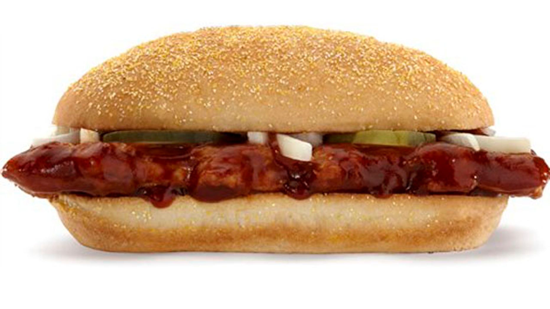 FILE - This undated file product image provided by McDonald's shows their McRib sandwich. McDonald's Corp. announced Monday, Oct. 24, 2011, that the boneless barbecue pork sandwich, usually available in only a few stores at a time, will be sold at all U.S. locations through Nov. 14. (AP Photo/McDonald's, File)