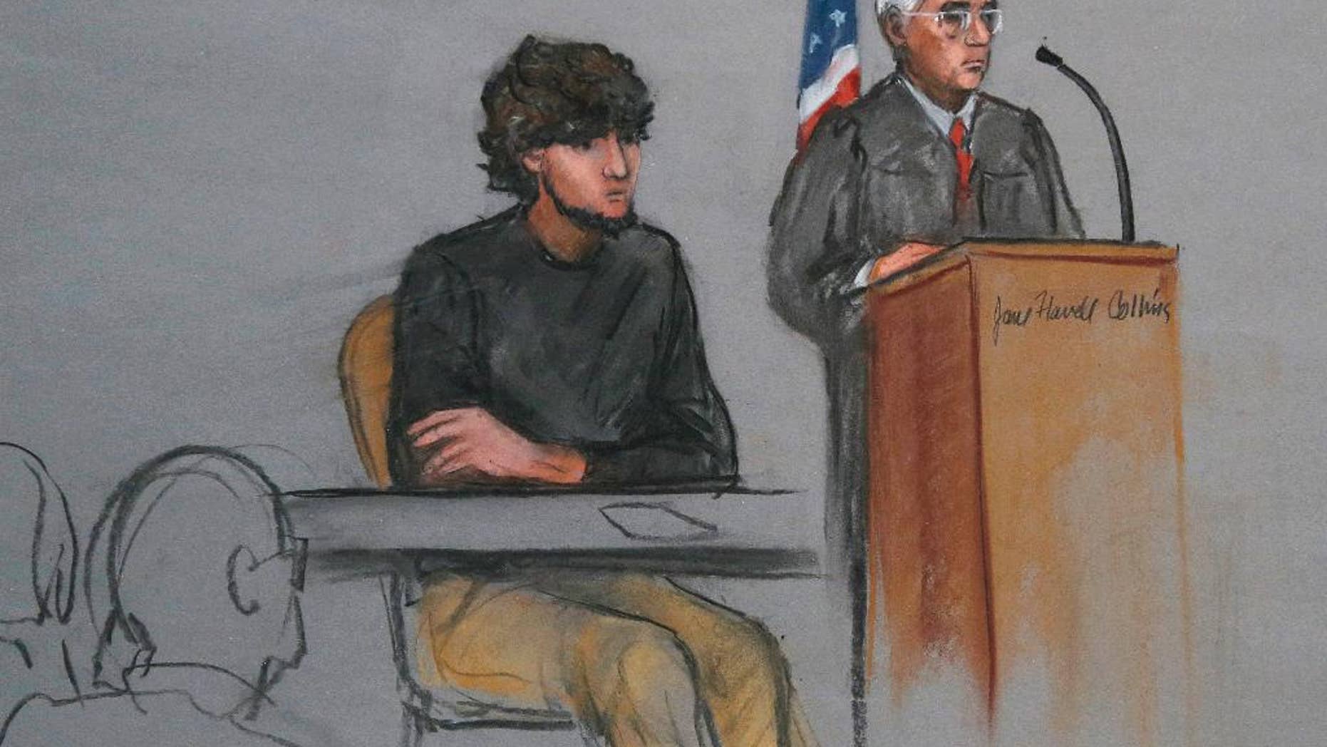 In this courtroom sketch, Boston Marathon bombing suspect Dzhokhar Tsarnaev, left, is depicted beside U.S. District Judge George O'Toole Jr., right, as O'Toole addresses a pool of potential jurors in a jury assembly room at the federal courthouse Monday, Jan. 5, 2015, in Boston. Tsarnaev is charged with the April 2013 attack that killed three people and injured more than 260. His trial is scheduled to begin on Jan. 26, 2015. He could face the death penalty if convicted. (AP Photo/Jane Flavell Collins)