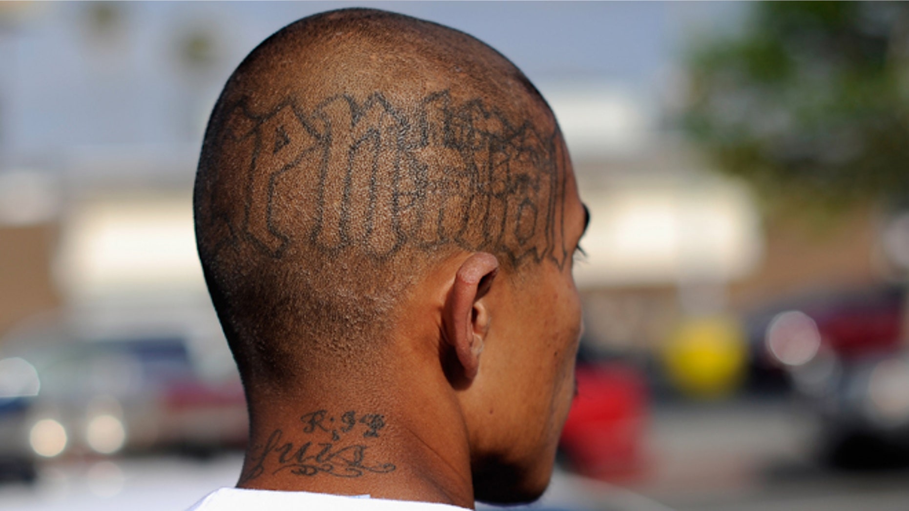LOS ANGELES, CA - APRIL 29: Tattoos are seen on the head of a twenty-year old "Street Villains" gang member who was arrested by Los Angeles Police Department officers from the 77th Street division on April 29, 2012 in Los Angeles, California. The 77th Street division patrol the same neighborhood that truck driver Reginald Denny was nearly beaten to death by a group of black assailants at the intersection of Florence and Normandie Avenues. Its been 20 years since the verdict was handed down in the Rodney King case that sparked infamous Los Angeles riots. (Photo by Kevork Djansezian/Getty Images)