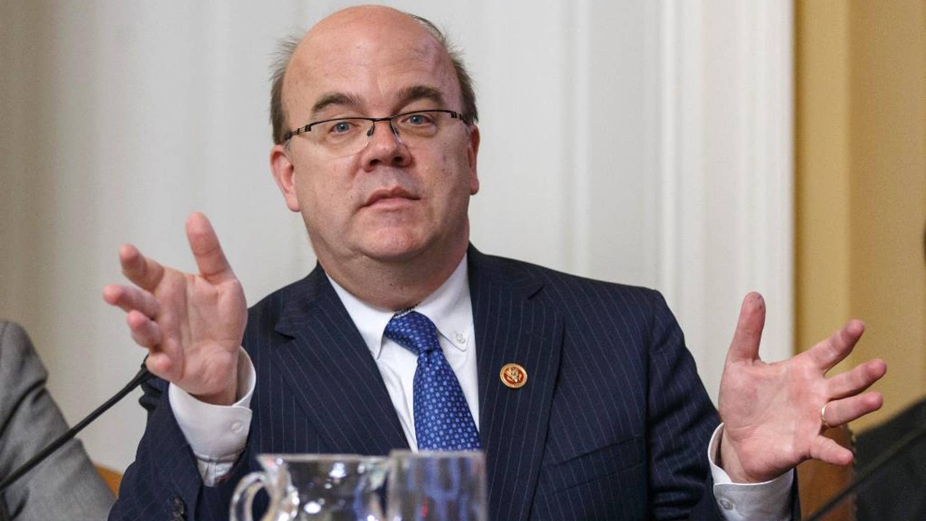 FILE - In this May 7, 2014 file photo, Rep. Jim McGovern, D-Mass. speaks on Capitol Hill in Washington. The House has rejected a bipartisan effort to force President Barack Obama to withdraw U.S. forces from Iraq and Syria by the end of the year. McGovern said the resolution was needed to “force Congress to do its job” and vote on whether to formally authorize military action against Islamic State militants. Obama requested such a resolution in February, but it has stalled in Congress. (AP Photo/J. Scott Applewhite, File)