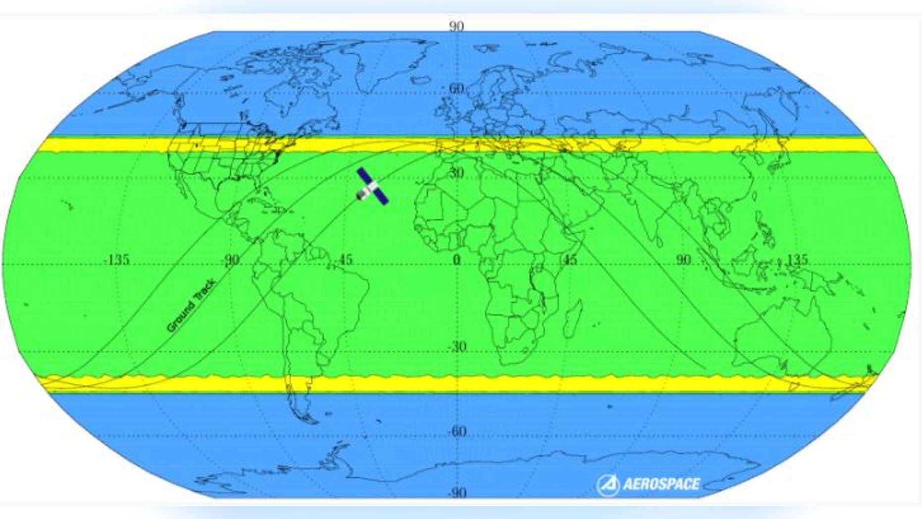 This image shows the probability of debris from a Chinese space station hitting various parts of Earth.