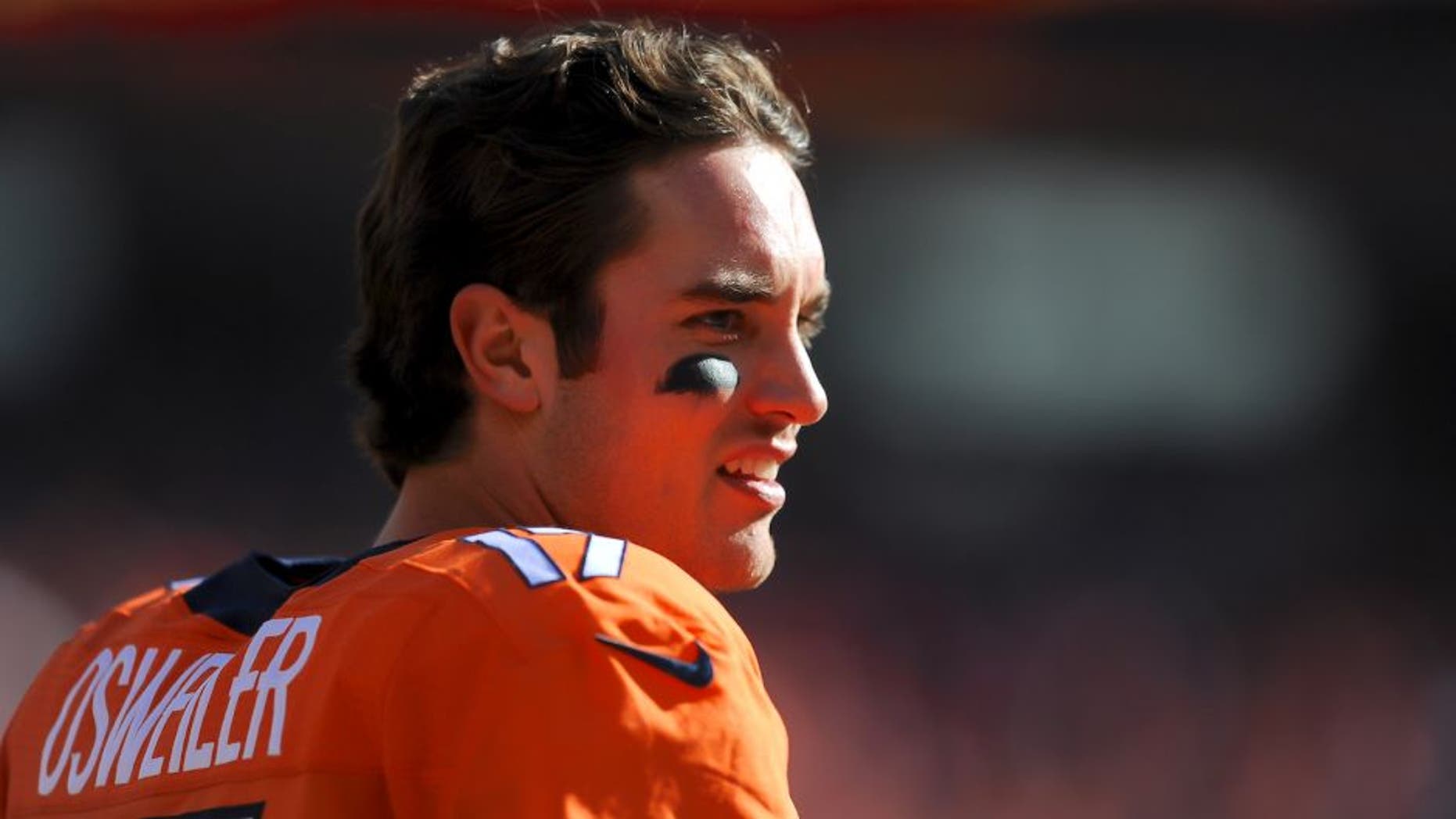 DENVER, CO - JANUARY 24: Brock Osweiler #17 of the Denver Broncos stands on the field before the AFC Championship game against the New England Patriots at Sports Authority Field at Mile High on January 24, 2016 in Denver, Colorado. (Photo by Dustin Bradford/Getty Images)