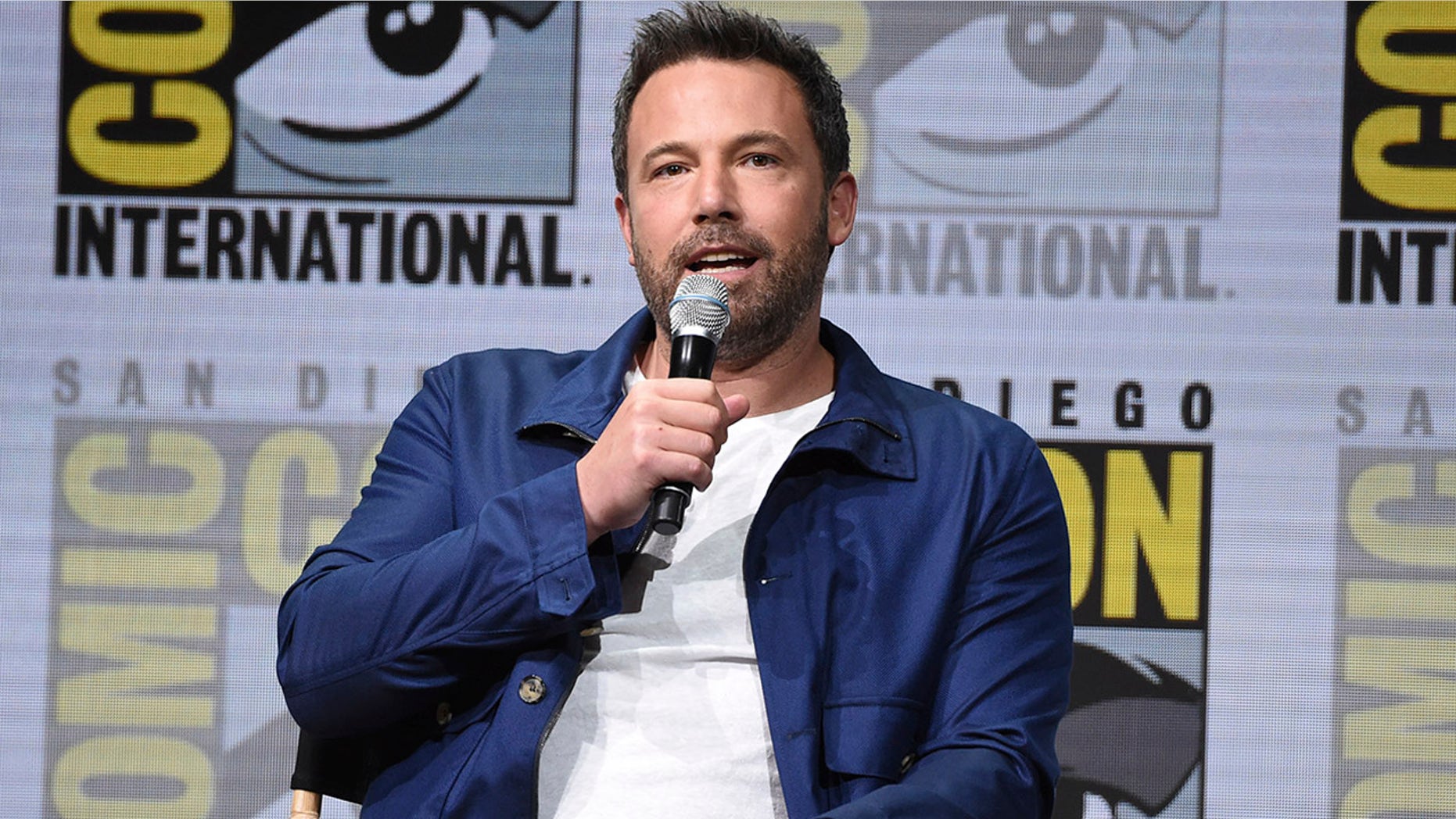 Ben Affleck speaks at the Warner Bros. "Justice League" panel on day three of Comic-Con International on Saturday in San Diego