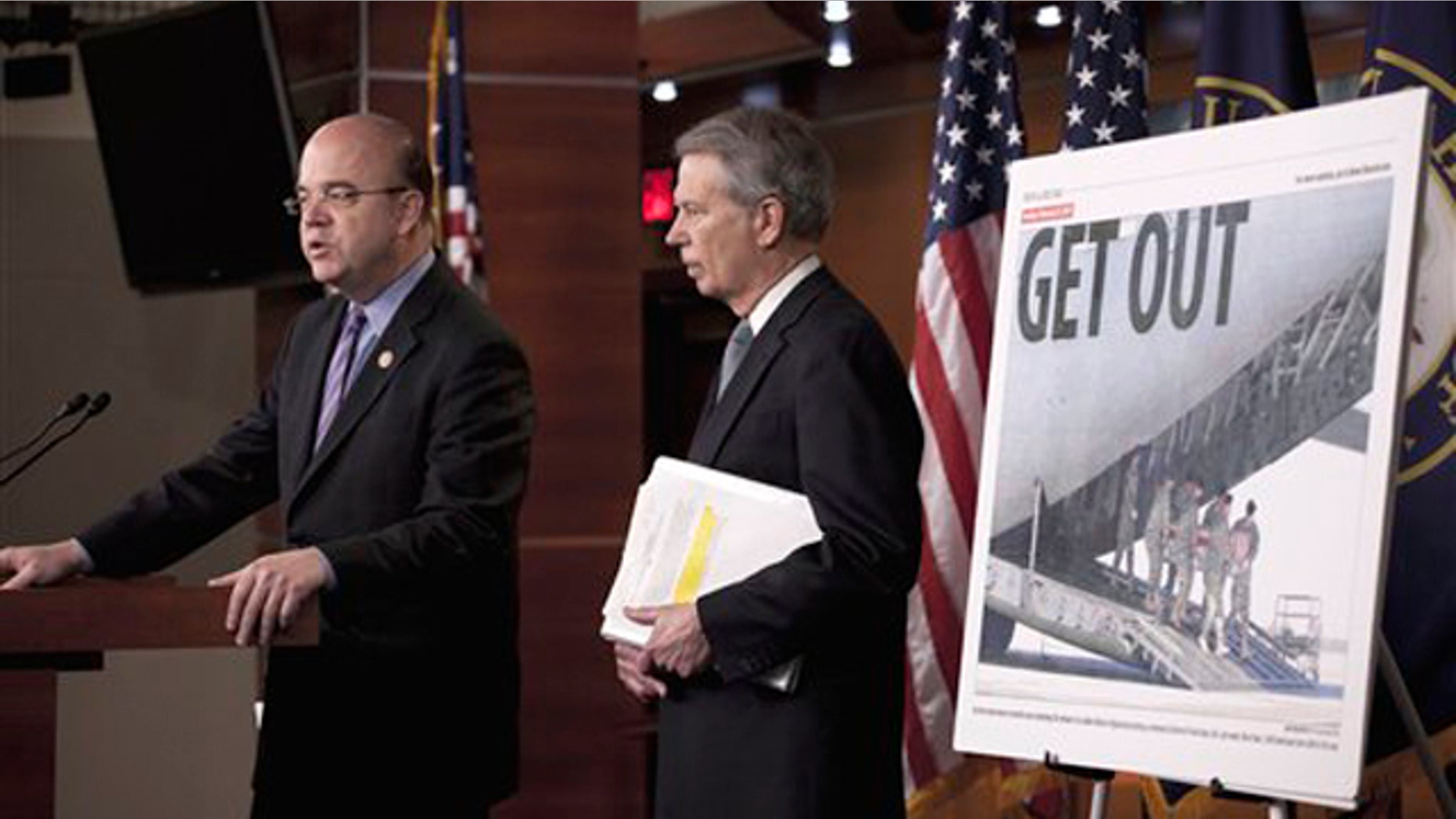Rep. Jim McGovern, left, accompanied by Rep. Walter Jones, speak in Washington May 5, announcing their bipartisan bill calling for an exit strategy for U.S. forces from Afghanistan.