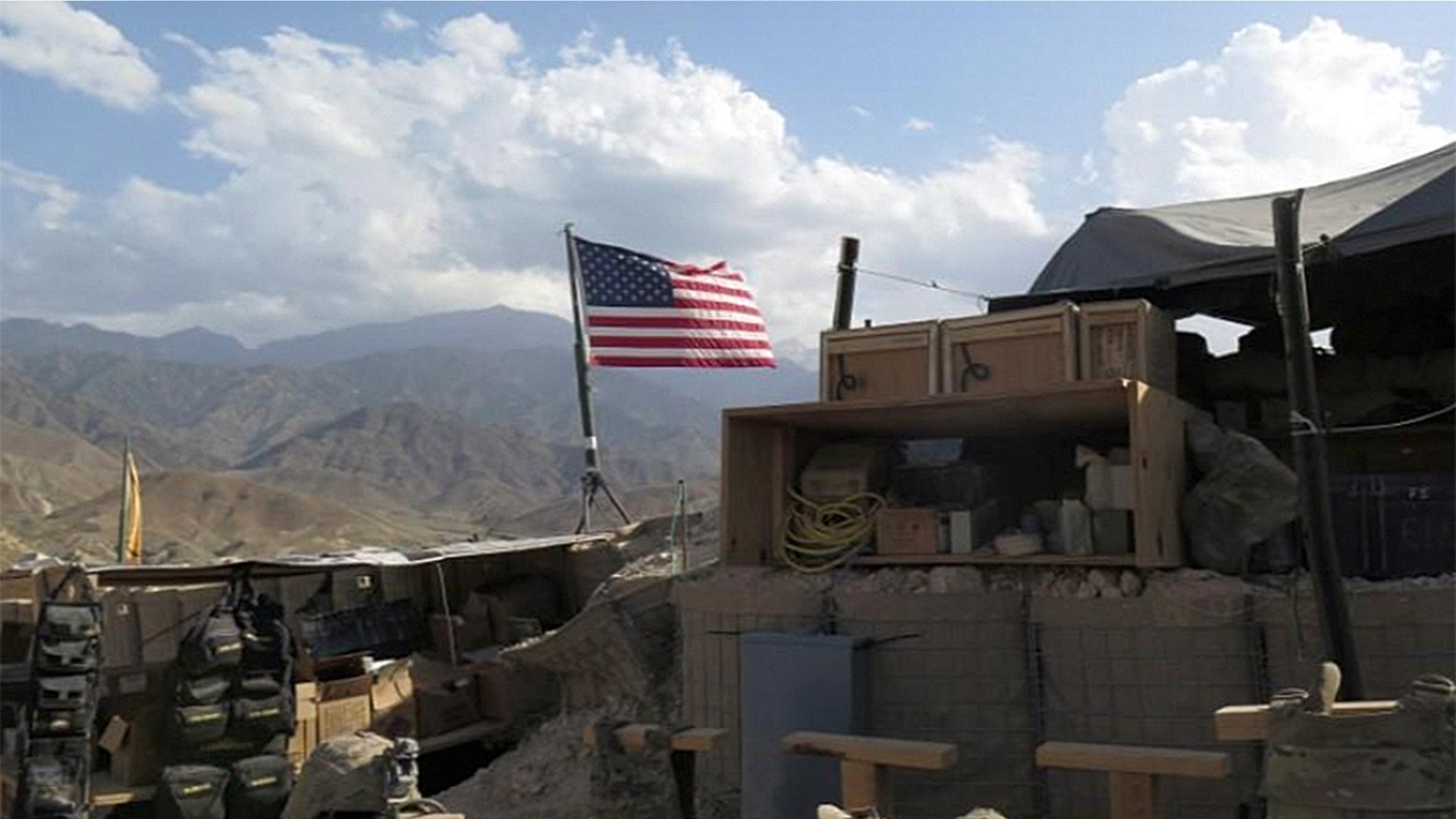 A U.S. flag is seen at a post in Deh Bala district, Nangarhar province, Afghanistan after the area was recaptured from ISIS fighters.