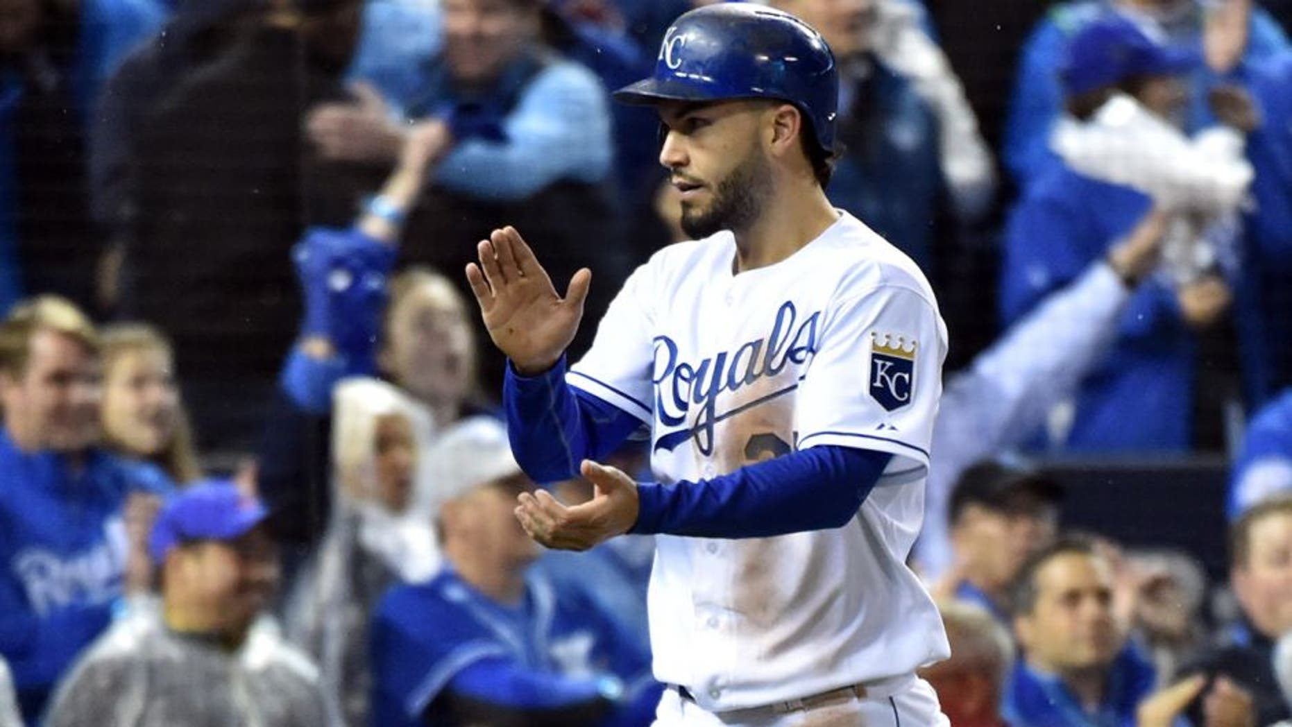 Oct 28, 2015; Kansas City, MO, USA; Kansas City Royals first baseman Eric Hosmer (35) reacts after scoring a run against the New York Mets in the 5th inning in game two of the 2015 World Series at Kauffman Stadium. Mandatory Credit: Peter G. Aiken-USA TODAY Sports
