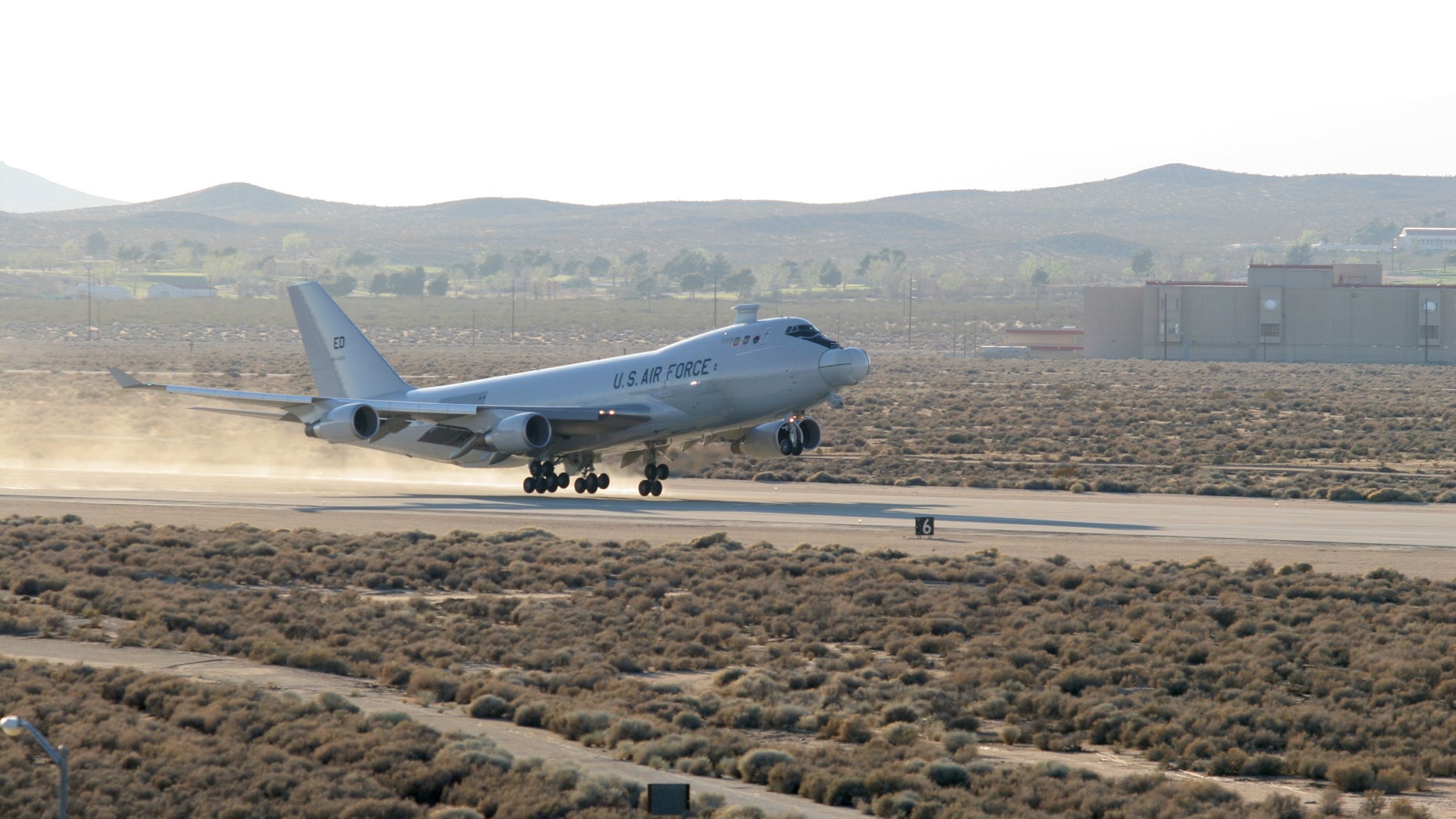 The YAL-1A, a modified Boeing 747-400F known as the Airborne Laser, takes off from Edwards Air Force Base, Calif., on March 15, 2007 for a five-hour test mission that would see the aircraft's Target Illuminator Laser fired in-flight for the first time. (Photo by Kellie Masters)