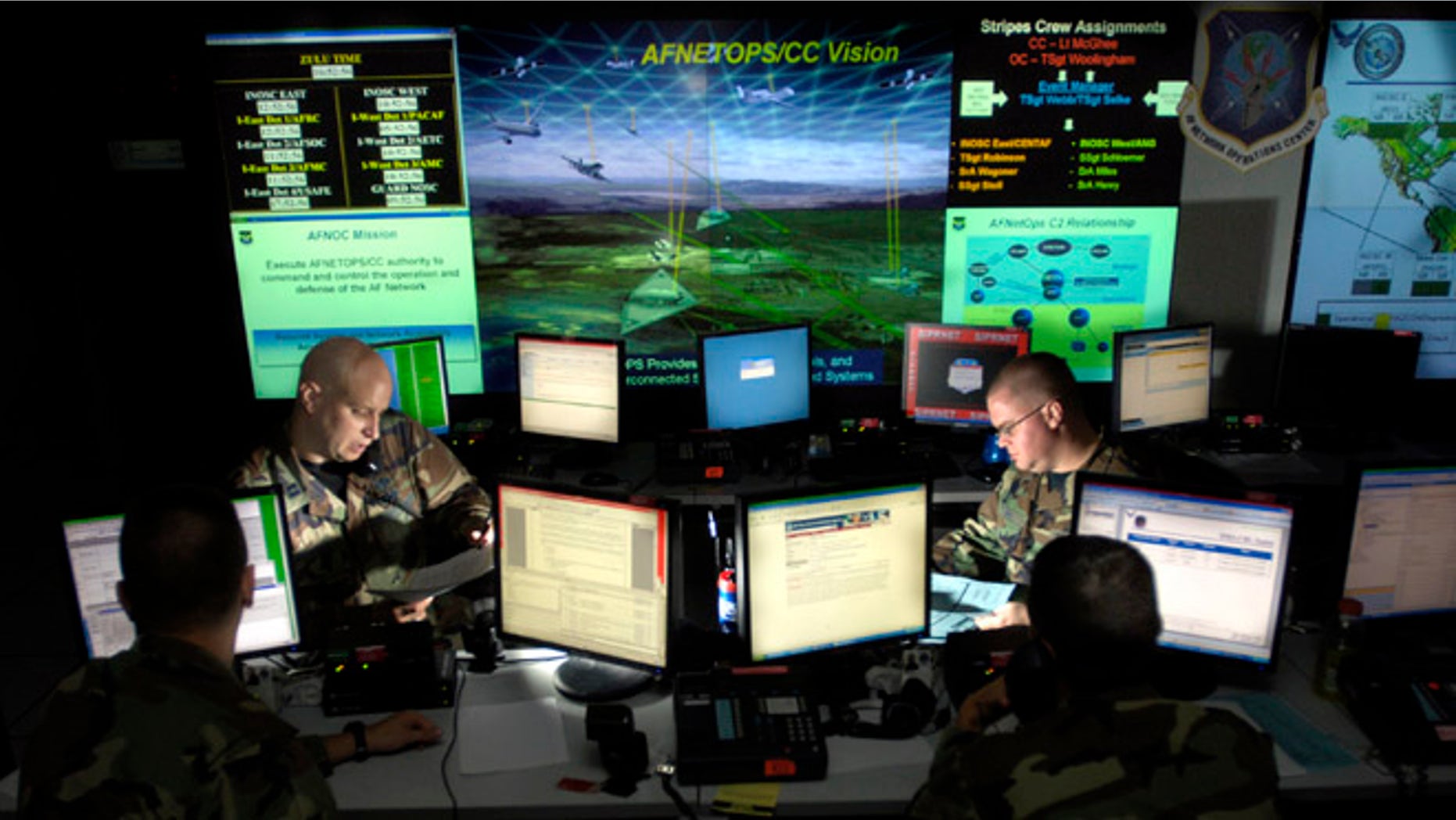 July 17, 2007: Capt. Jason Simmons and Staff Sgt. Clinton Tips update anti-virus software for Air Force units to assist in the prevention of cyberspace hackers at Barksdale Air Force Base, La.
