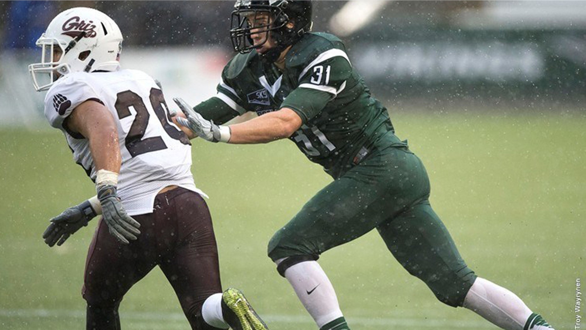 Oct. 31, 2015: This photo shows Portland State University linebacker AJ Schlatter in action against the Montana Grizzlies. The school announced that Schlatter died at his home in Camy, Ore. Sunday, Jan. 17, 2016. (Portland State University)