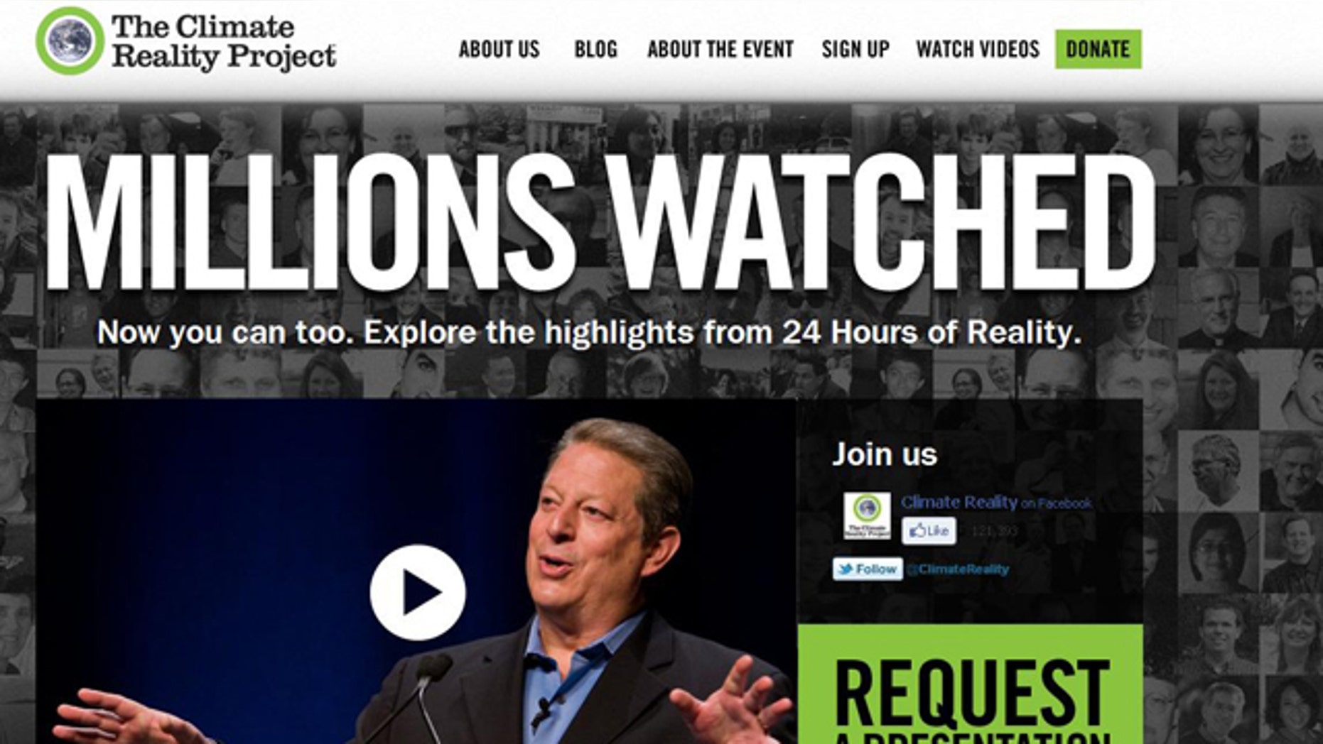 A screenshot of the website for Al Gore's Climate Reality Project, a 24-hour broadcast about the environment that the site claims million watched. Or did they?