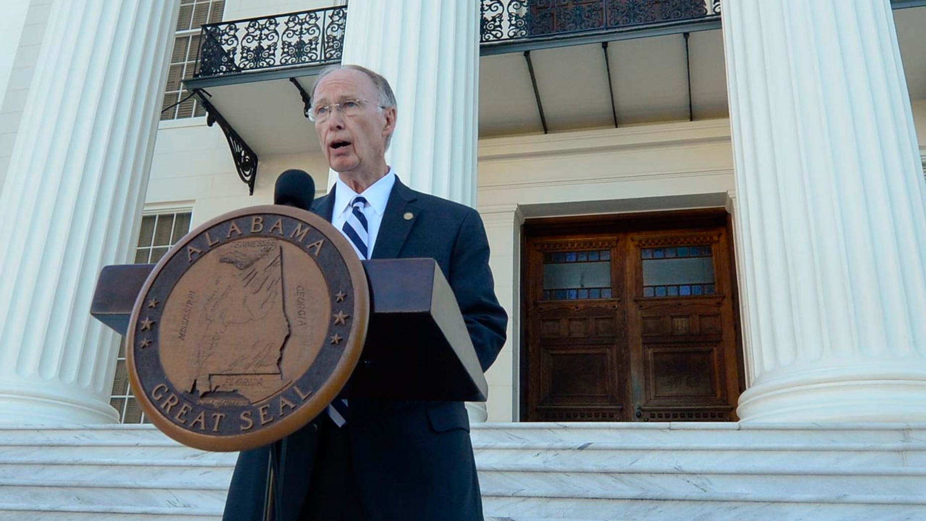 Alabama Gov. Robert Bentley speaks during a news conference on Friday, April 7, 2017, outside the Alabama Capitol building in Montgomery, Ala.