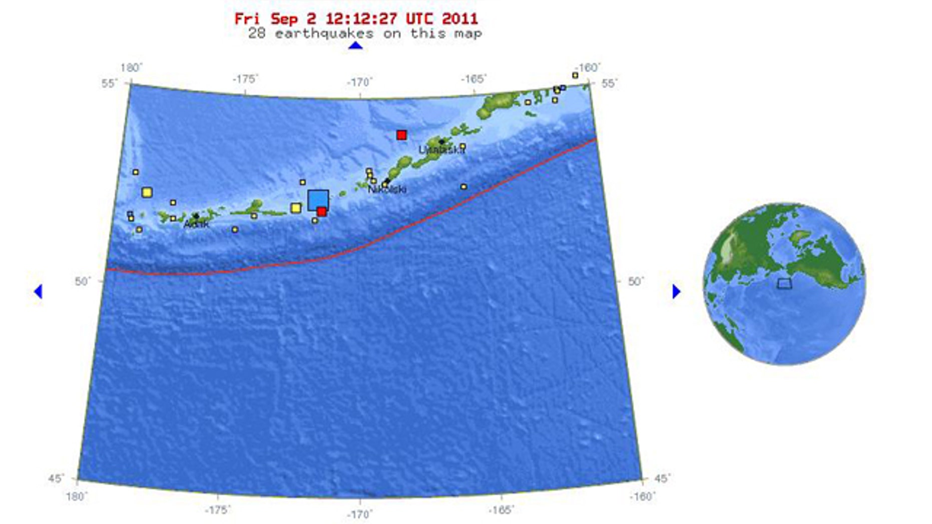 Sept. 2, 2011: A map from the USGS shows the location of an earthquake that struck Alaska's Aleutian island chain, an area of high earthquake activity.
