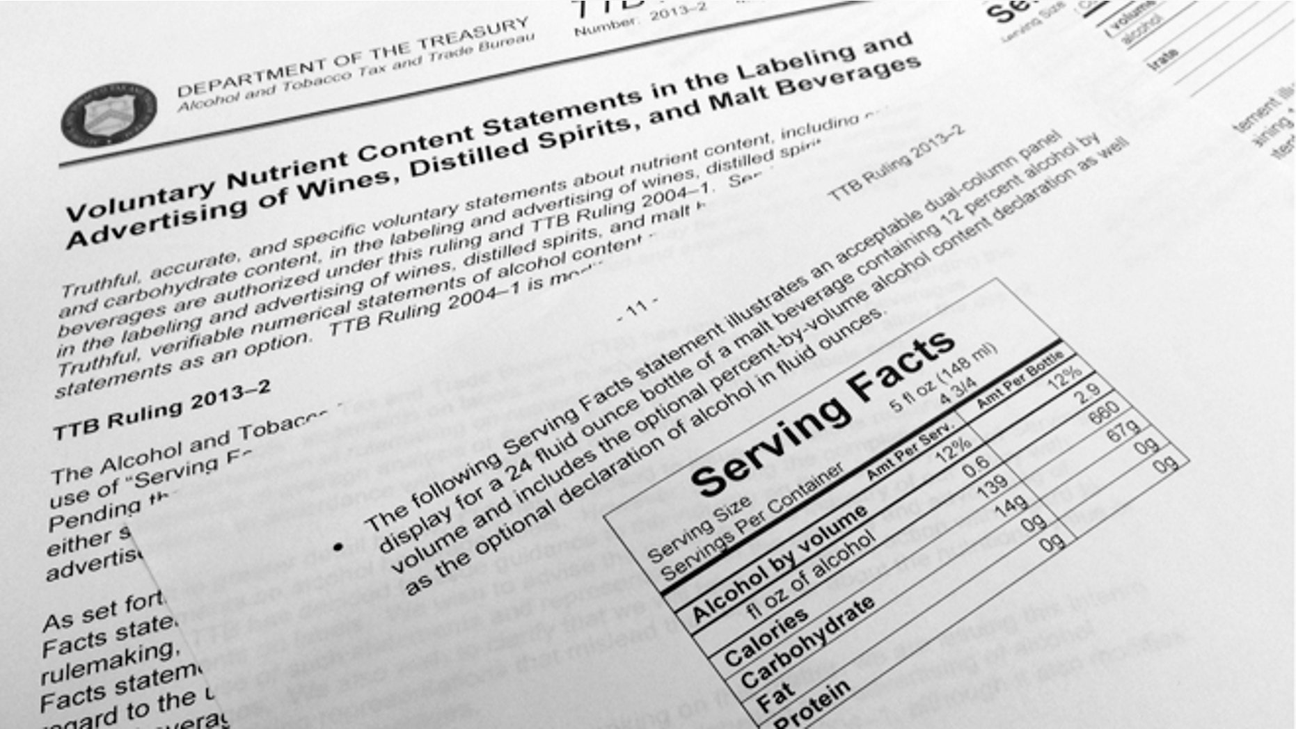 Pages from a ruling by the Department of the Treasury's Alcohol and Tobacco Tax and Trade Bureau showing voluntary recommendations for labeling of wines, distilled spirits and malt liquor that were released on May 28, 2013. New labels on alcohol could help drinkers know what they are consuming -- but only if the alcohol companies want them to.