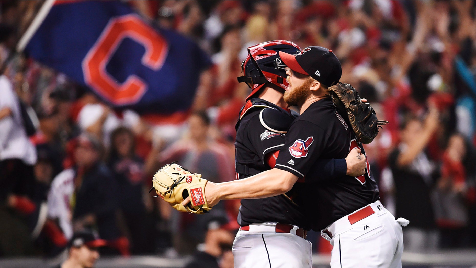 Oct. 15, 2016: Cleveland Indians relief pitcher Cody Allen, right, and catcher Roberto Perez celebrate their 2-1 win against the Toronto Blue Jays in Game 2 of baseball's American League Championship Series in Cleveland.