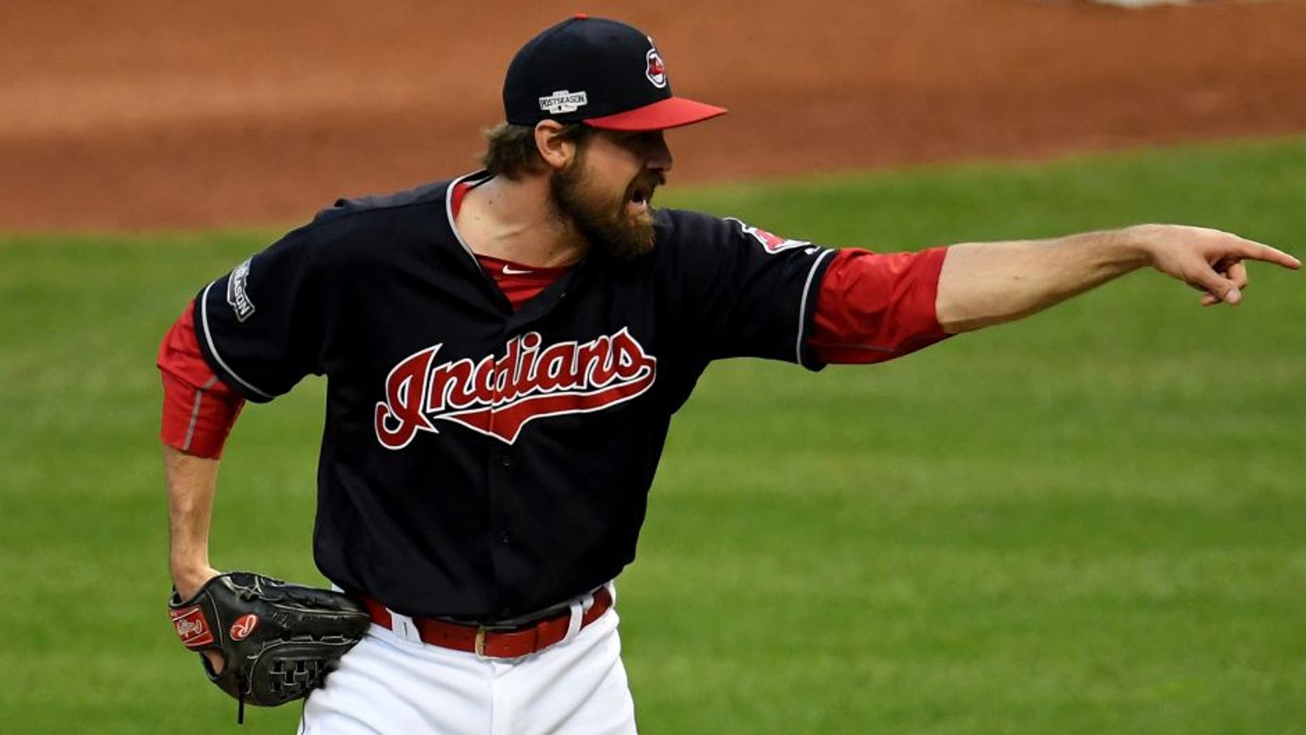 CLEVELAND, OH - OCTOBER 15: Andrew Miller #24 of the Cleveland Indians reacts in the seventh inning against the Toronto Blue Jays during game two of the American League Championship Series at Progressive Field on October 15, 2016 in Cleveland, Ohio. (Photo by Jason Miller/Getty Images)