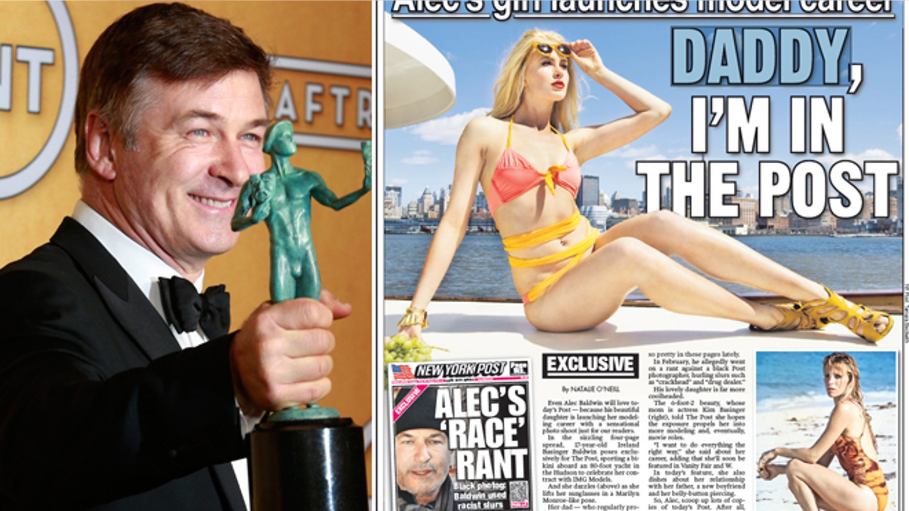 Alec Baldwin holds his award for outstanding performance by a male actor in a comedy series for his role in "30 Rock" in January 2013; Ireland Baldwin poses in a photo shoot for The New York Post in April 2013.