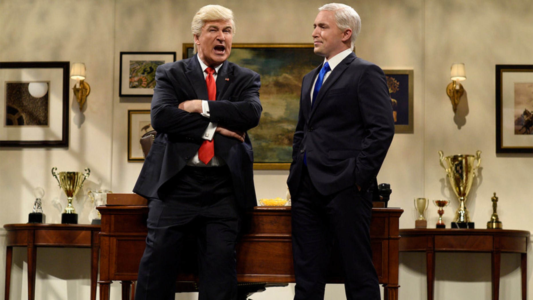 Pictured: (l-r) Alec Baldwin as Donald Trump and Beck Bennett as Mike Pence during the "Donald Trump Prepares Cold Open" sketch on "SNL" November 19, 2016.