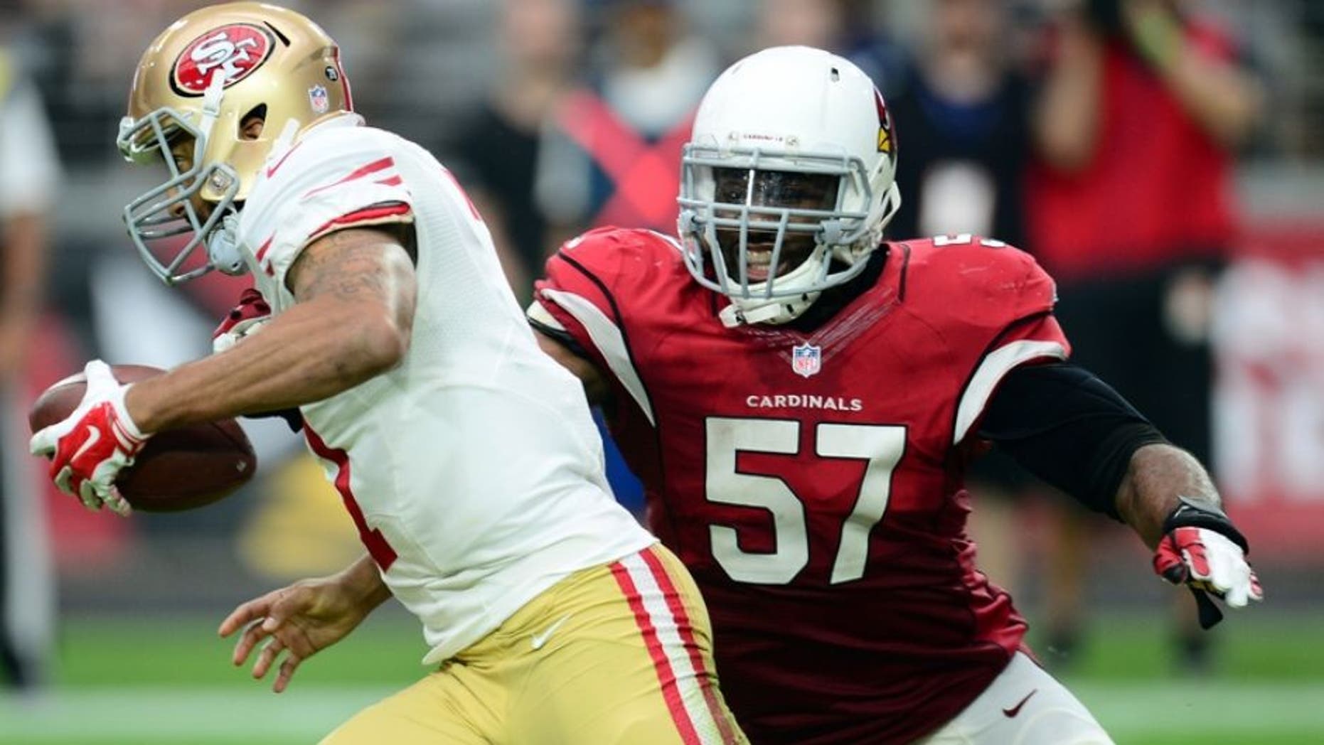 Sep 27, 2015; Glendale, AZ, USA; Arizona Cardinals outside linebacker Alex Okafor (57) chases San Francisco 49ers quarterback Colin Kaepernick (7) during the second half at University of Phoenix Stadium. The Cardinals won 47-7. Mandatory Credit: Joe Camporeale-USA TODAY Sports