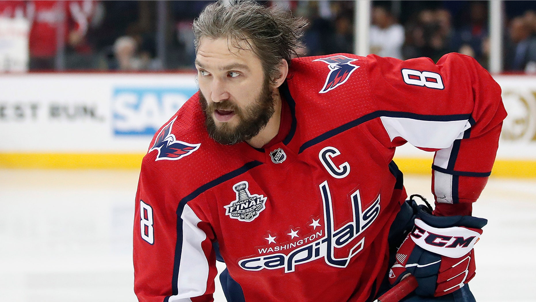 Washington Capitals forward Alex Ovechkin, of Russia, warms up before Game 3 of the team's NHL hockey Stanley Cup Final against the Vegas Golden Knights, Saturday, June 2, 2018, in Washington. (AP Photo/Alex Brandon)