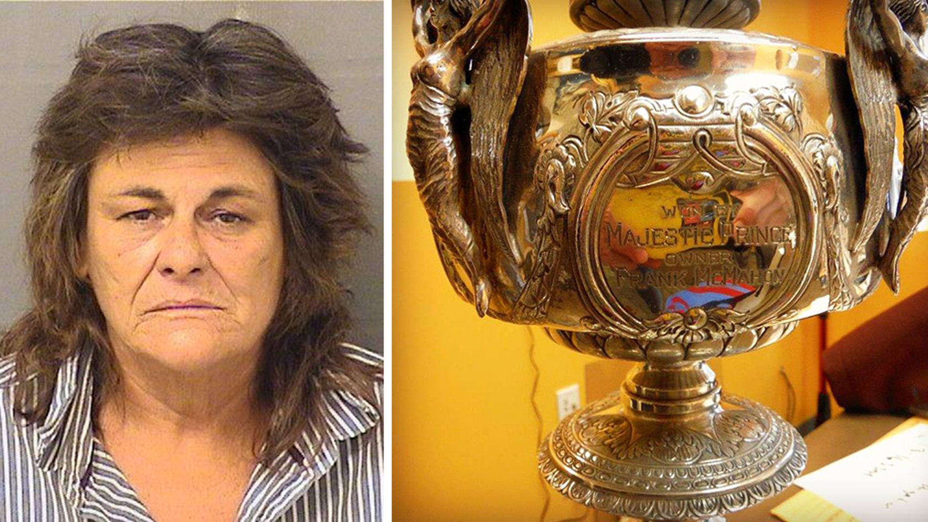 Alicia Murphy is charged with breaking into storage units and stealing hundreds of items, including the 1969 Preakness Stakes trophy.