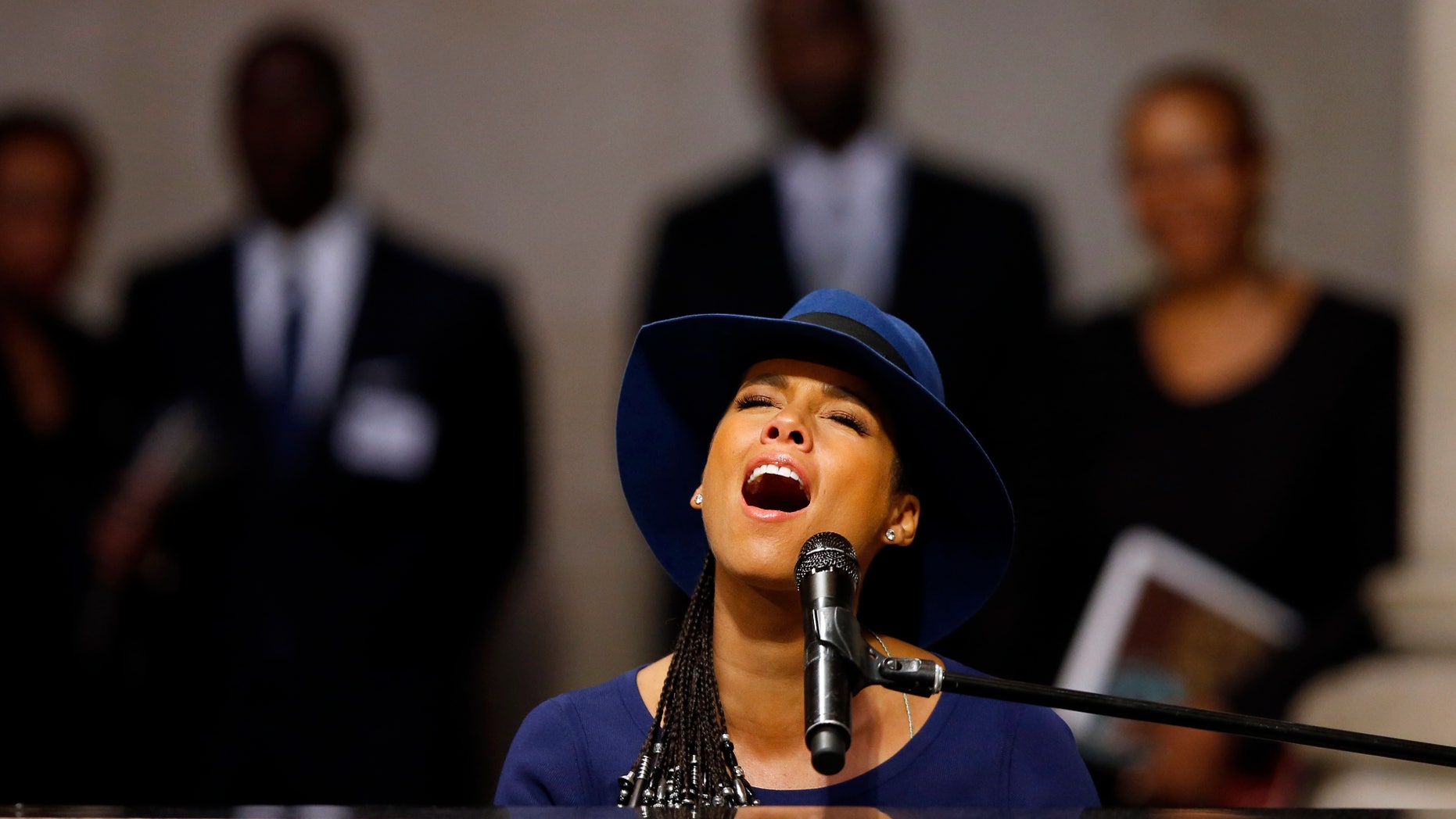 september 20, 2014. Singer Alicia Keys performs during a memorial service for actress Ruby Dee at The Riverside Church in New York.