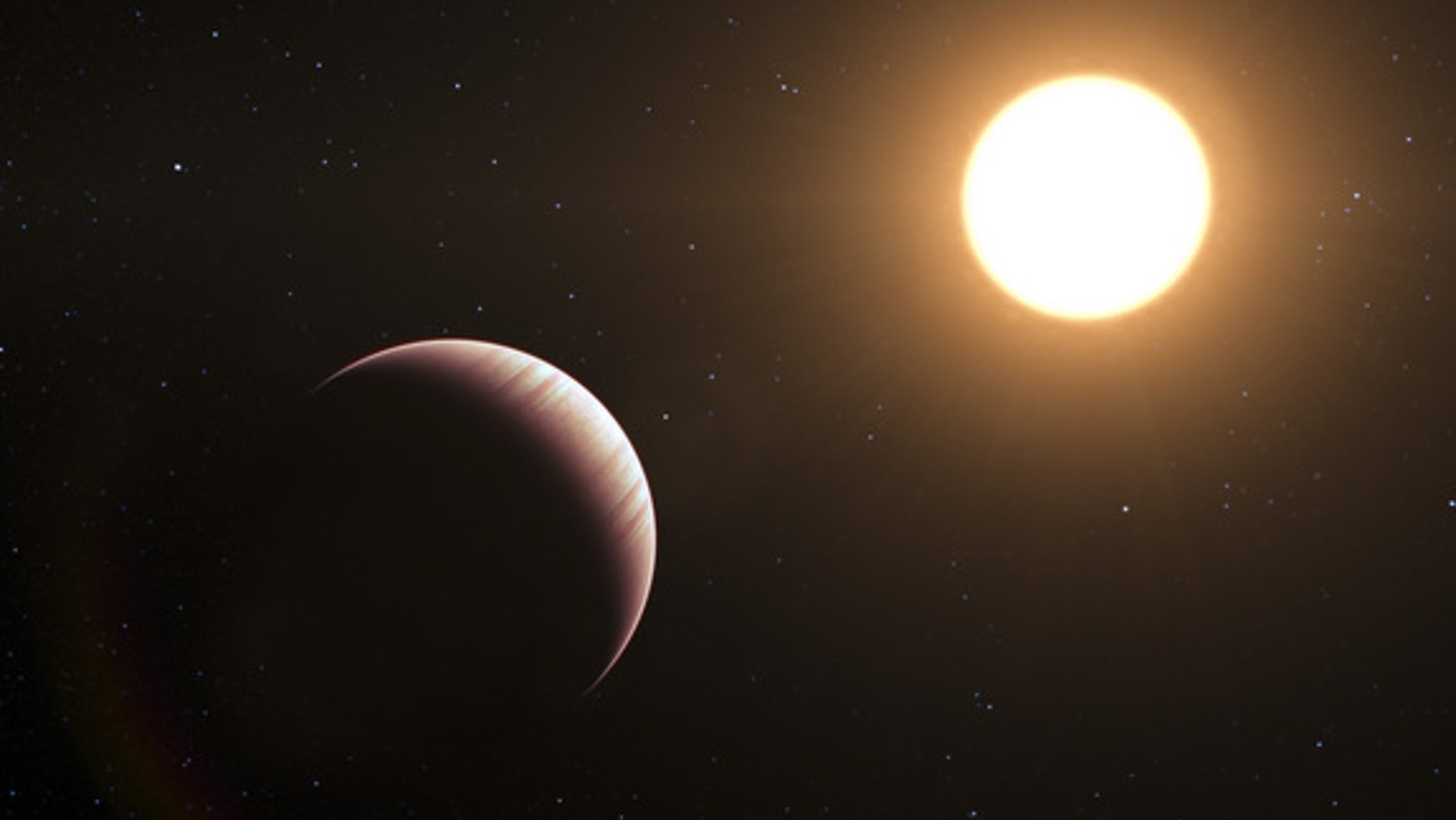 This artist’s impression shows the exoplanet Tau Boötis b. This was one of the first exoplanets to be discovered back in 1996, and it is still one of the closest planetary systems known to date. Astronomers using ESO’s Very Large Telescope have now caught and studied the faint light from the planet Tau Boötis b for the first time. By employing a clever observational trick the team find that the planet’s atmosphere seems to be cooler higher up, the opposite of what was expected.