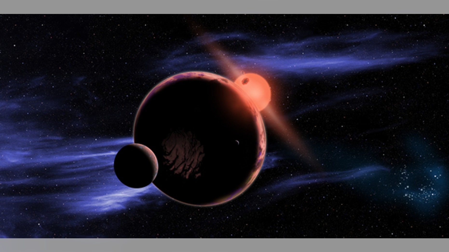 This artist’s conception shows a hypothetical habitable planet with two moons orbiting a red dwarf star. Astronomers have found that 6 percent of all red dwarf stars have an Earth-sized planet in the habitable zone, which is warm enough for liq