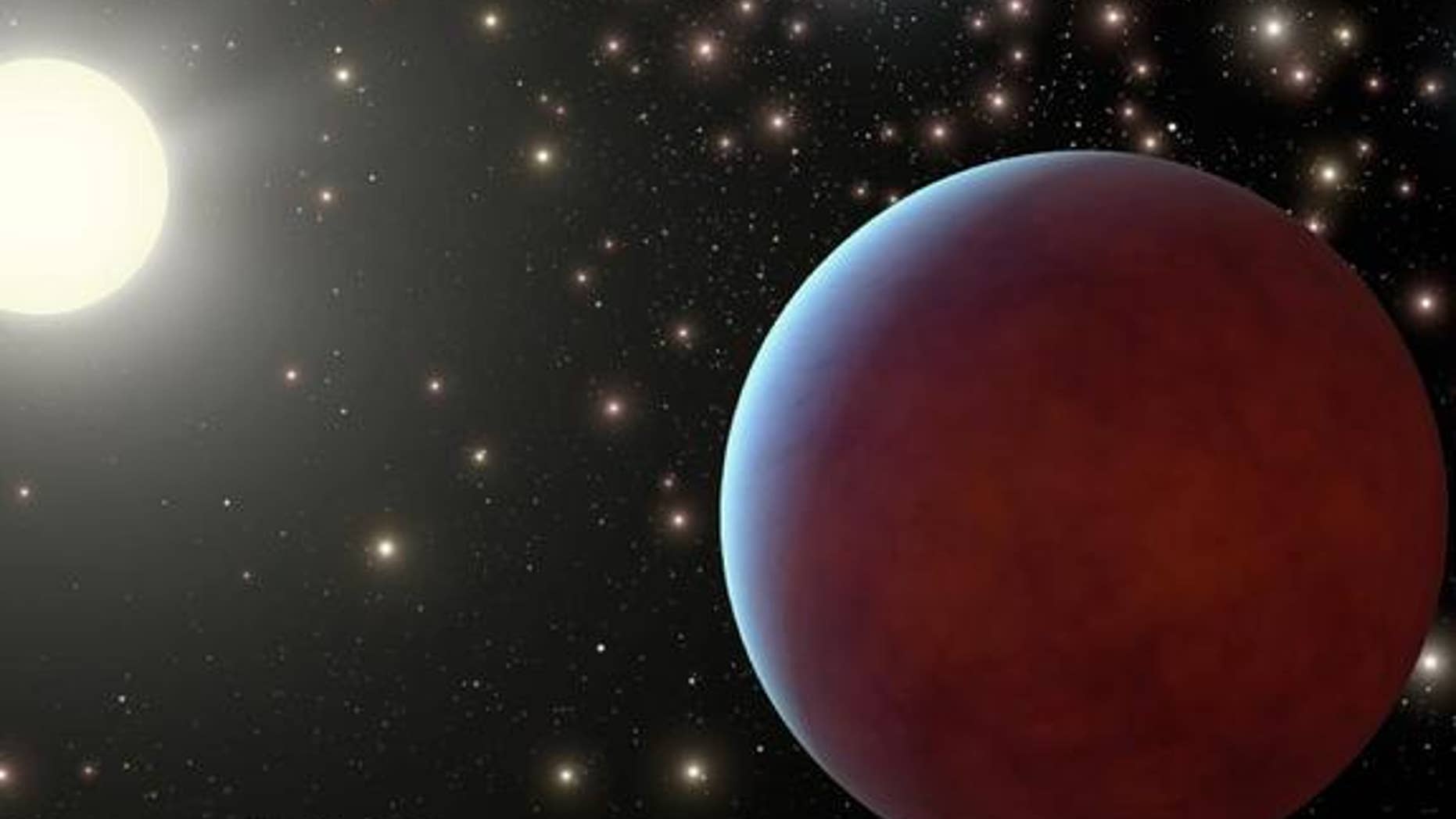 Artist's concept of one of the two gas giant planets discovered around different sun-like stars in the Beehive Cluster, a collection of about 1,000 tightly packed stars located about 550 light-years away from Earth.