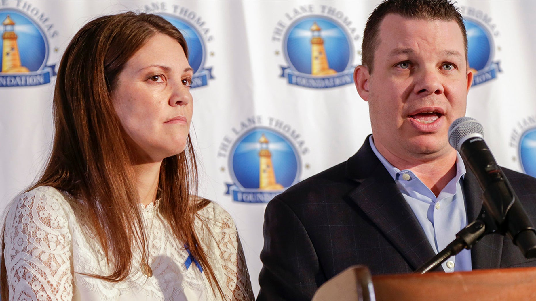 Sept. 27, 2017: Matt and Melissa Graves, parents of Lane Thomas, the 2-year-old Nebraska boy who was killed by an alligator last year at Walt Disney World, speak at a news conference in Omaha, Neb.