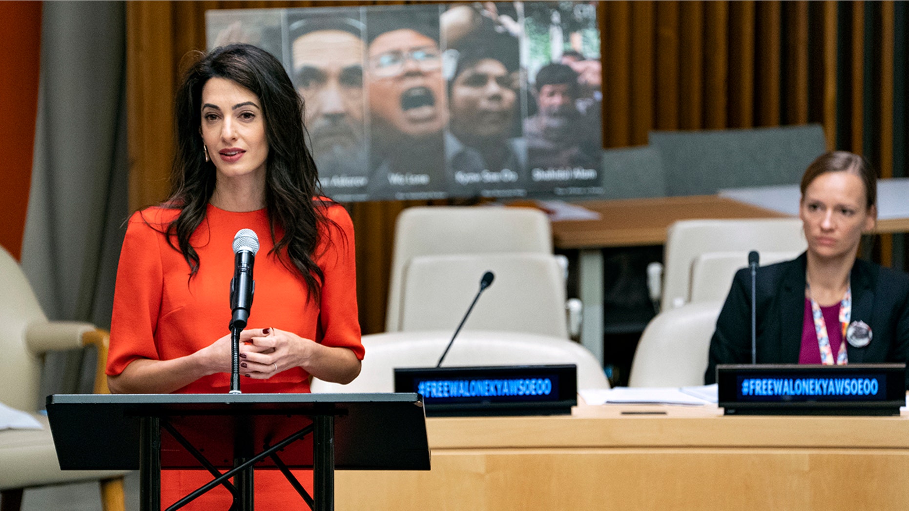 International human rights lawyer Amal Clooney speaks during a conference called "Press Behind Bars: Undermining Justice and Democracy," at the 73rd session of the United Nations General Assembly, at U.N. headquarters, Friday, Sept. 28, 2018. (AP Photo/Craig Ruttle)