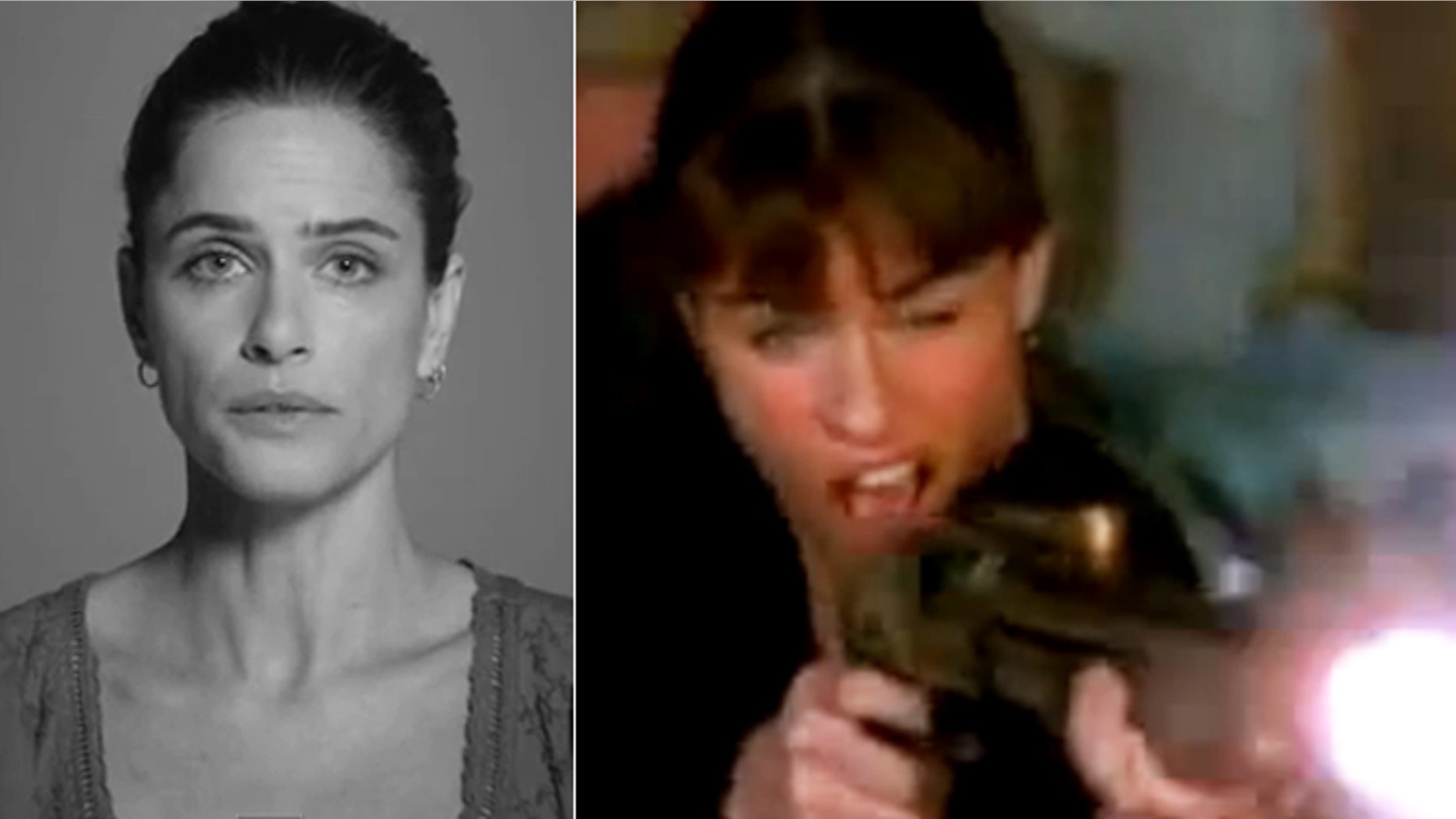 Amanda Peet is shown in the 'Demand a Plan' PSA (left) and using a firearm in a film in new response video (right).
