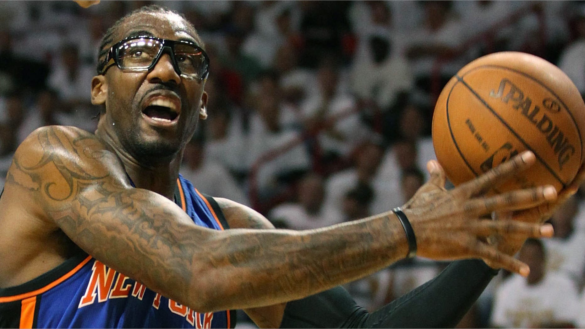 MIAMI, FL - Forward Amar'e Stoudemire of the New York Knicks playing against the Miami Heat in Game One of the Eastern Conference Quarterfinals in the 2012 NBA Playoffs on April 28, 2012 at the American Airlines Arena in Miami, Florida.