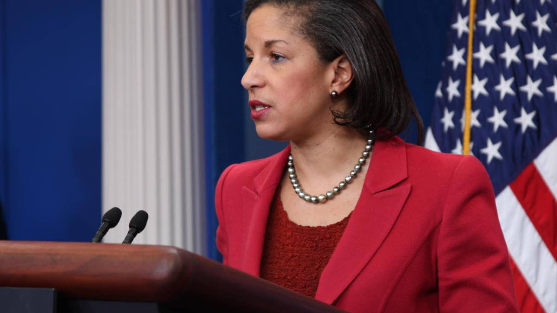 U.S. Ambassador to the United Nations Susan Rice addresses Libya violence at the White House Monday. (Fox News Photo)