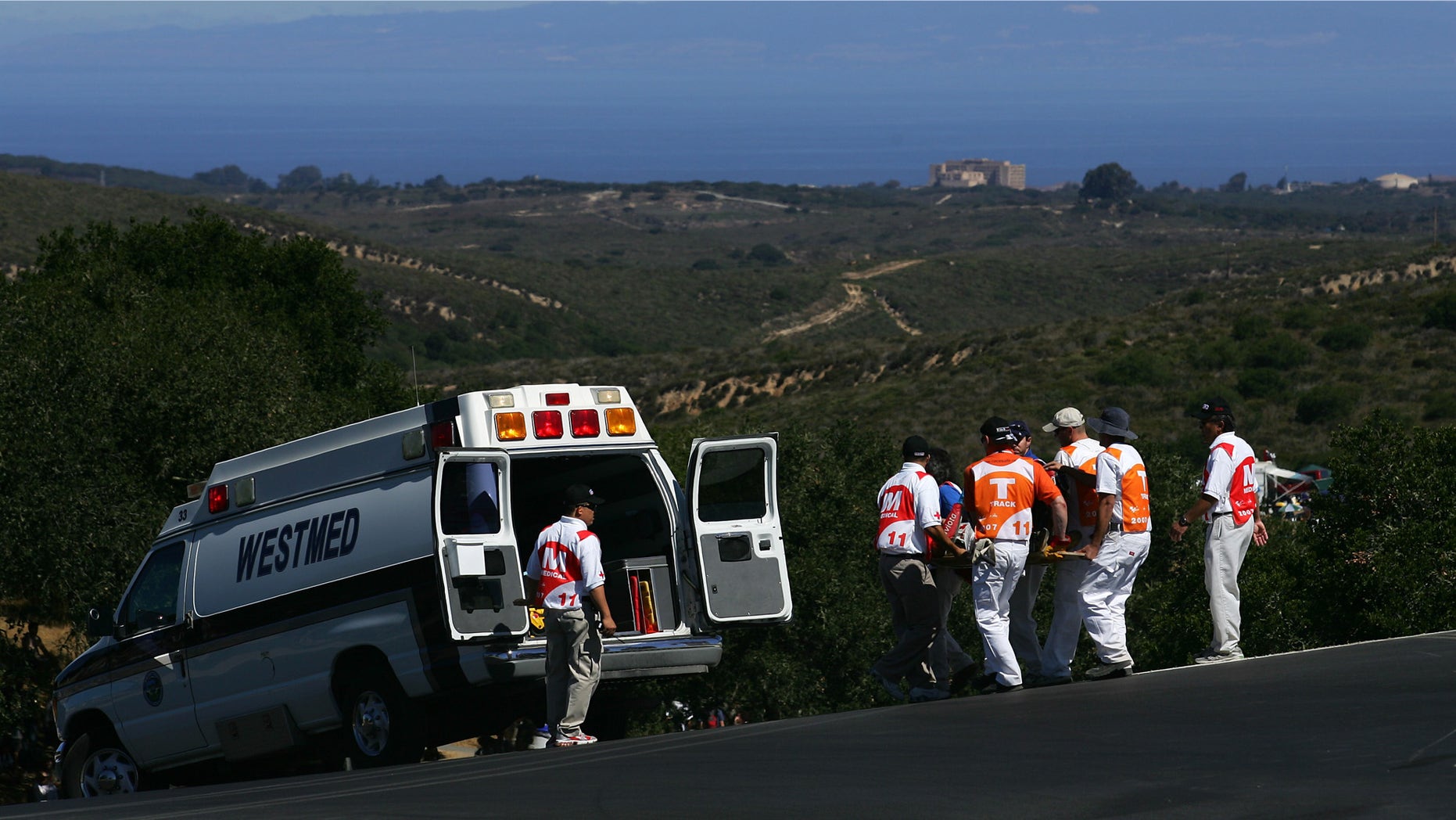 MONTEREY, CA - JULY 20: Alex Hoffman of Germany riding the #66 Pramac D'Antin Ducati gets put into an ambulance after getting injured in a crash during practice for the 2007 Red Bull U.S. Grand Prix, part of the MotoGP World Championships, at the Mazda Raceway Laguna Seca on July 20, 2007 in Monterey, California. (Photo by Robert Laberge/Getty Images)
