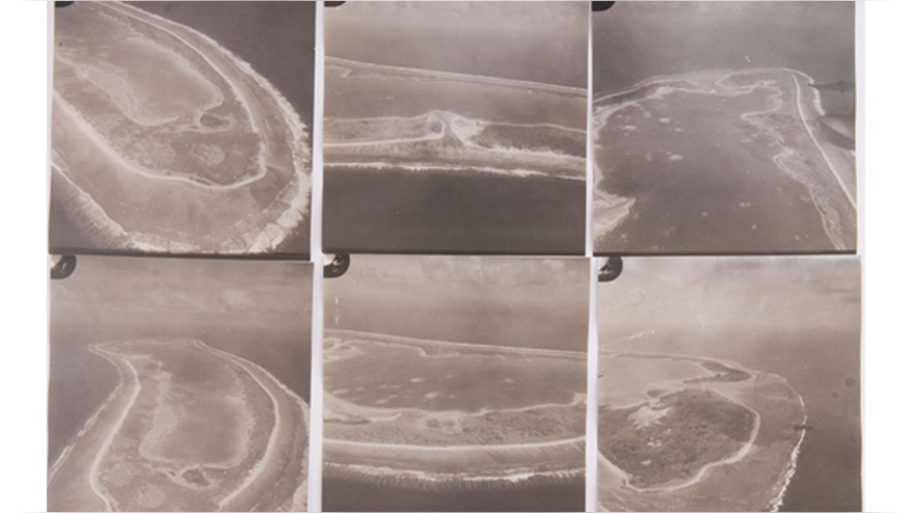 A contact sheet with aerial images of Nikumaroro, the island where Amelia Earhart and her navigator are believed to have survived for a time as castaways.