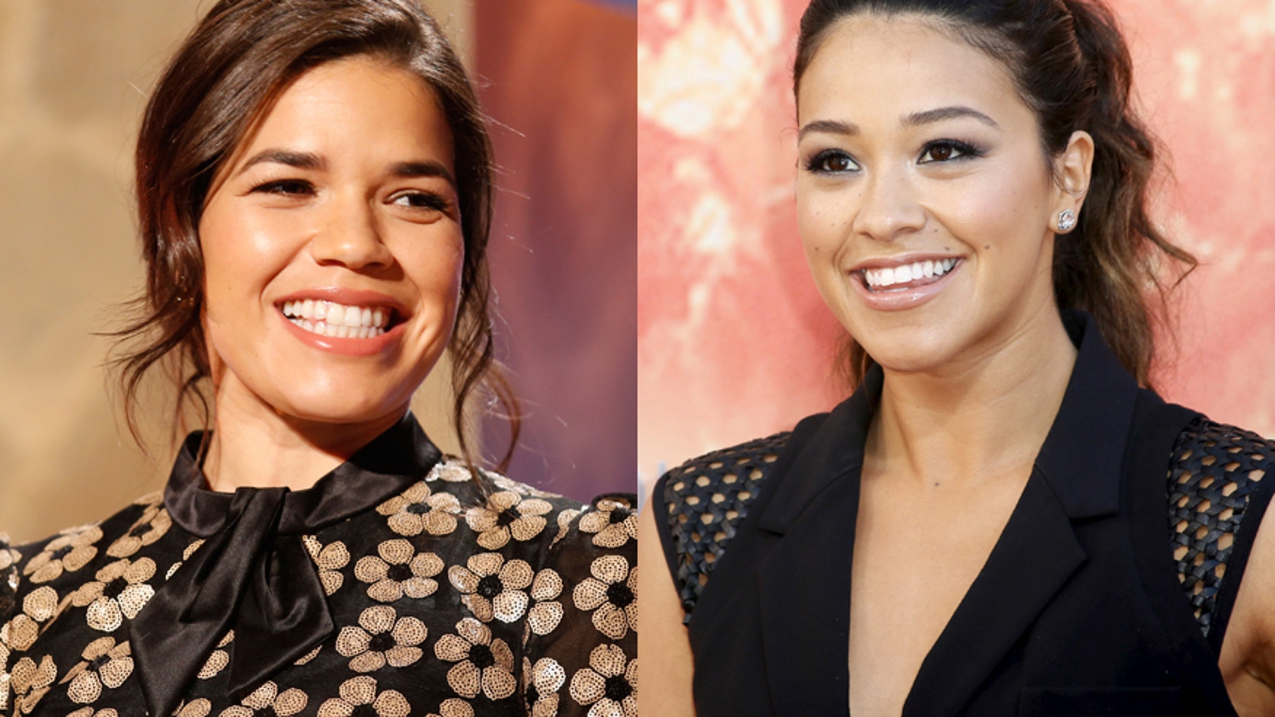 Actress America Ferrera (left) sits on stage during nominations for the 73rd annual Golden Globe Awards in Beverly Hills, California December 10, 2015. Actress Gina Rodriquez on the right.