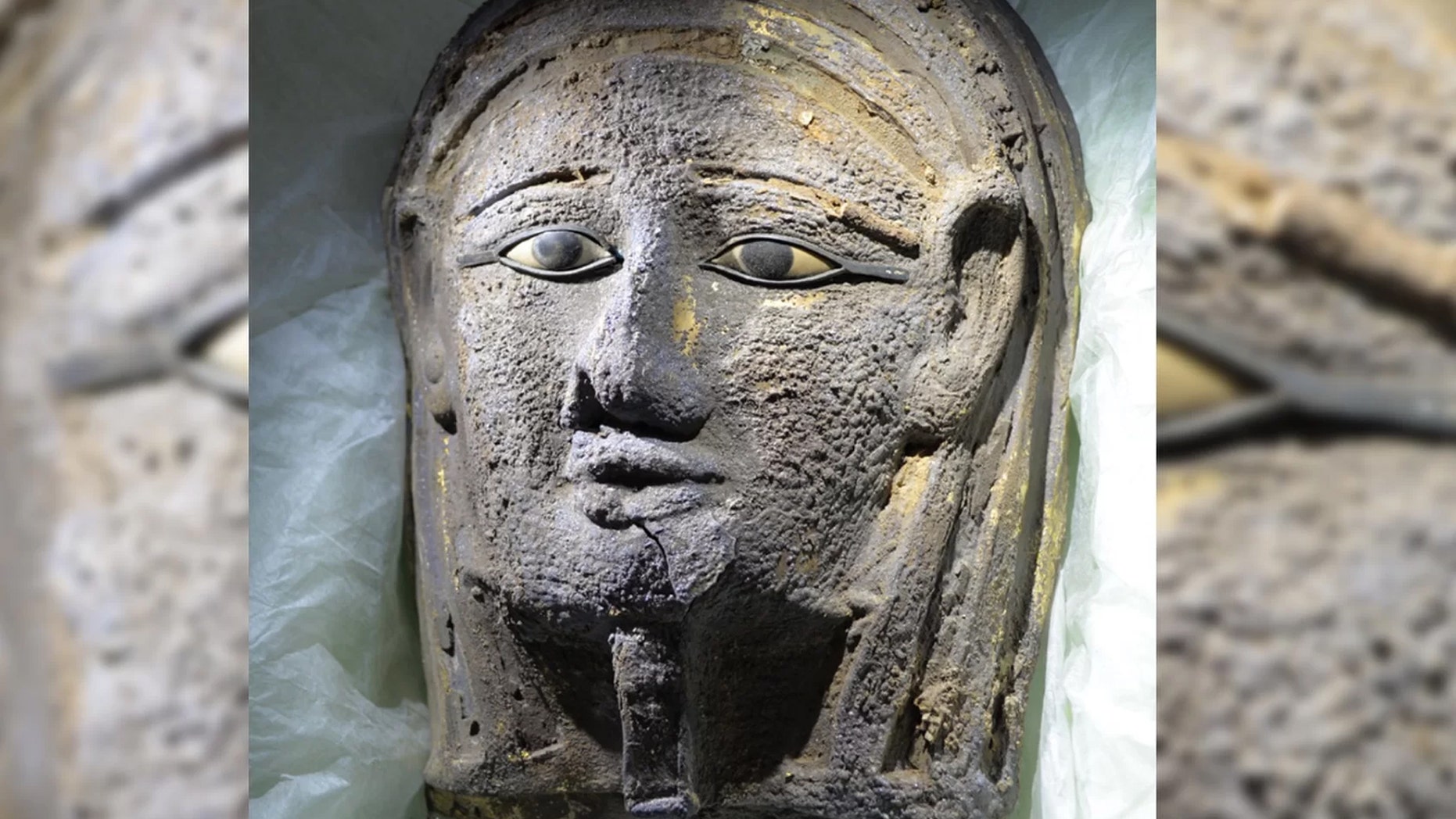 A silver facemask gilded with gold was found on the face of the mummy. Credit: University of Tübingen, Ramadan B. Hussein