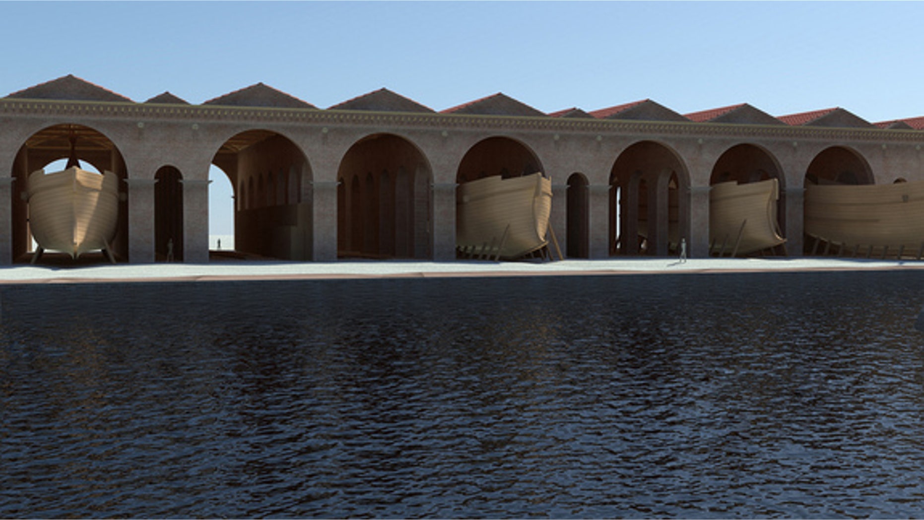 A computer animation of the shipyard uncovered at Portus in Rome.