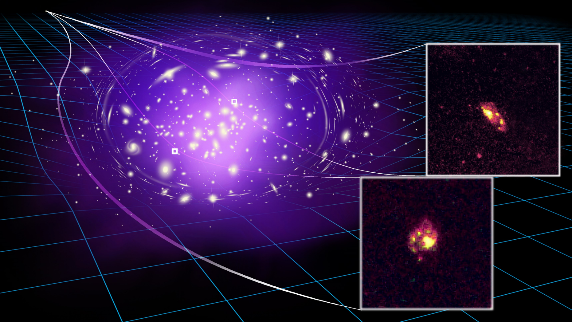 The two small, inset images show actual observations of the most ancient spiral galaxy ever observed. The rest of the image is an artist's illustration showing how a massive galaxy cluster bends and magnifies the light from the distant galaxy, making it visible to astronomers on Earth.