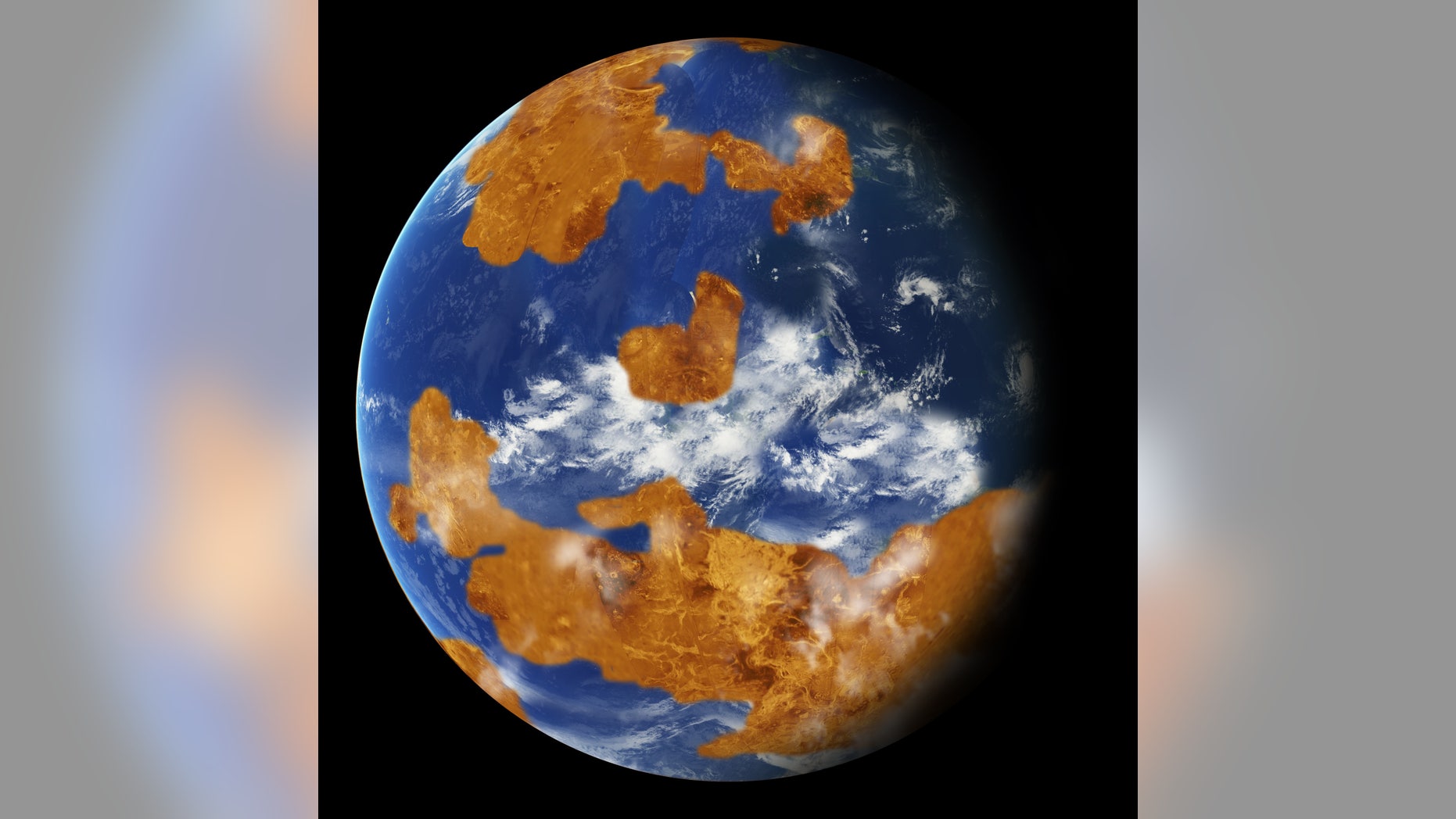 Observations suggest Venus may have had water oceans in its distant past. A land-ocean pattern like that above was used in a climate model to show how storm clouds could have shielded ancient Venus from strong sunlight and made the planet habitable